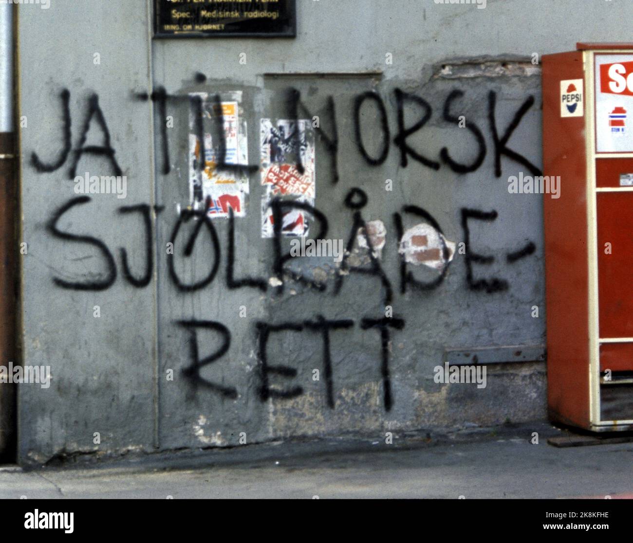 Oslo 197209: Election campaign before the referendum on membership in the European Community EC: referendum on EC. Here no-stroke words written with spray paint on a wall: 'Yes to Norwegian Self-Raw Right' EEC / EF / EU Photo: NTB / NTB Stock Photo