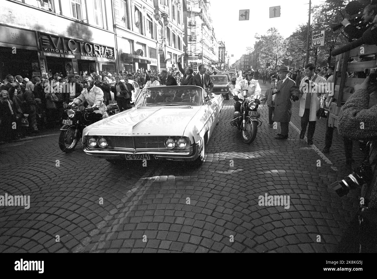 Oslo 19691010 The American astronauts Buzz Aldrin, Neil Armstrong and Michael Collins from 'Apollo 11', which earlier that same year landed on the moon are on European tour. Here the three visited the Storting, and after the visit they drove in an open car up Karl Johan. From V: Aldrin, Armstrong and Collins. Photo: Aage Storløkken / Current / NTB Stock Photo