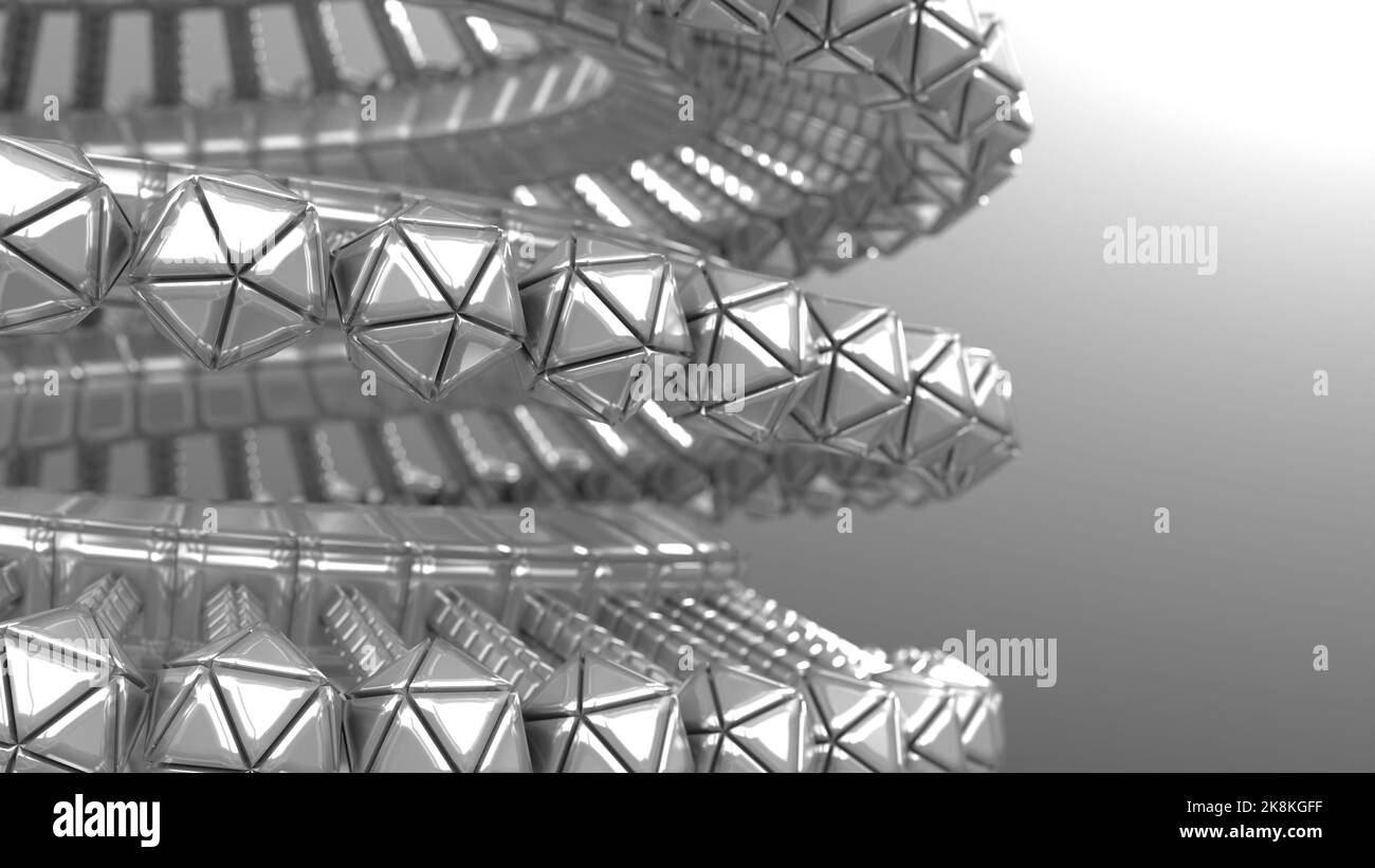 3D grayscale rendering of abstract spiral object resembling a research site or futuristic construction. Stock Photo