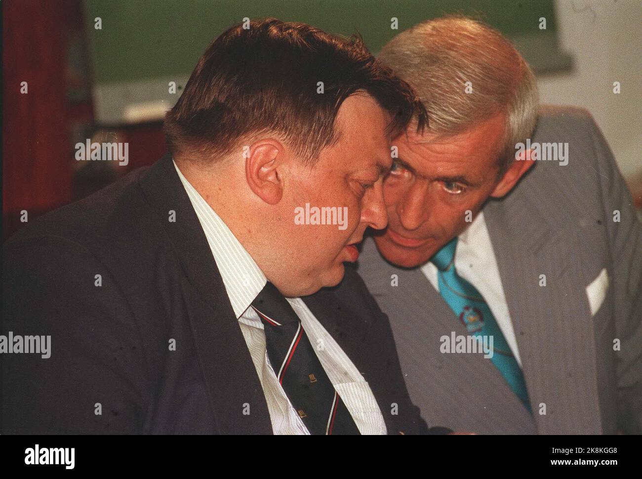 Oslo 19930614: Editor and former Secretary of State Hans Henrik Ramm (t.v.) and Major Johan M. Setsaas at a press conference. They claim to be illegally monitored by a secret service, and ask for an independent parliamentary investigation of the case. NTB archive photo Morten Holm / NTB Stock Photo