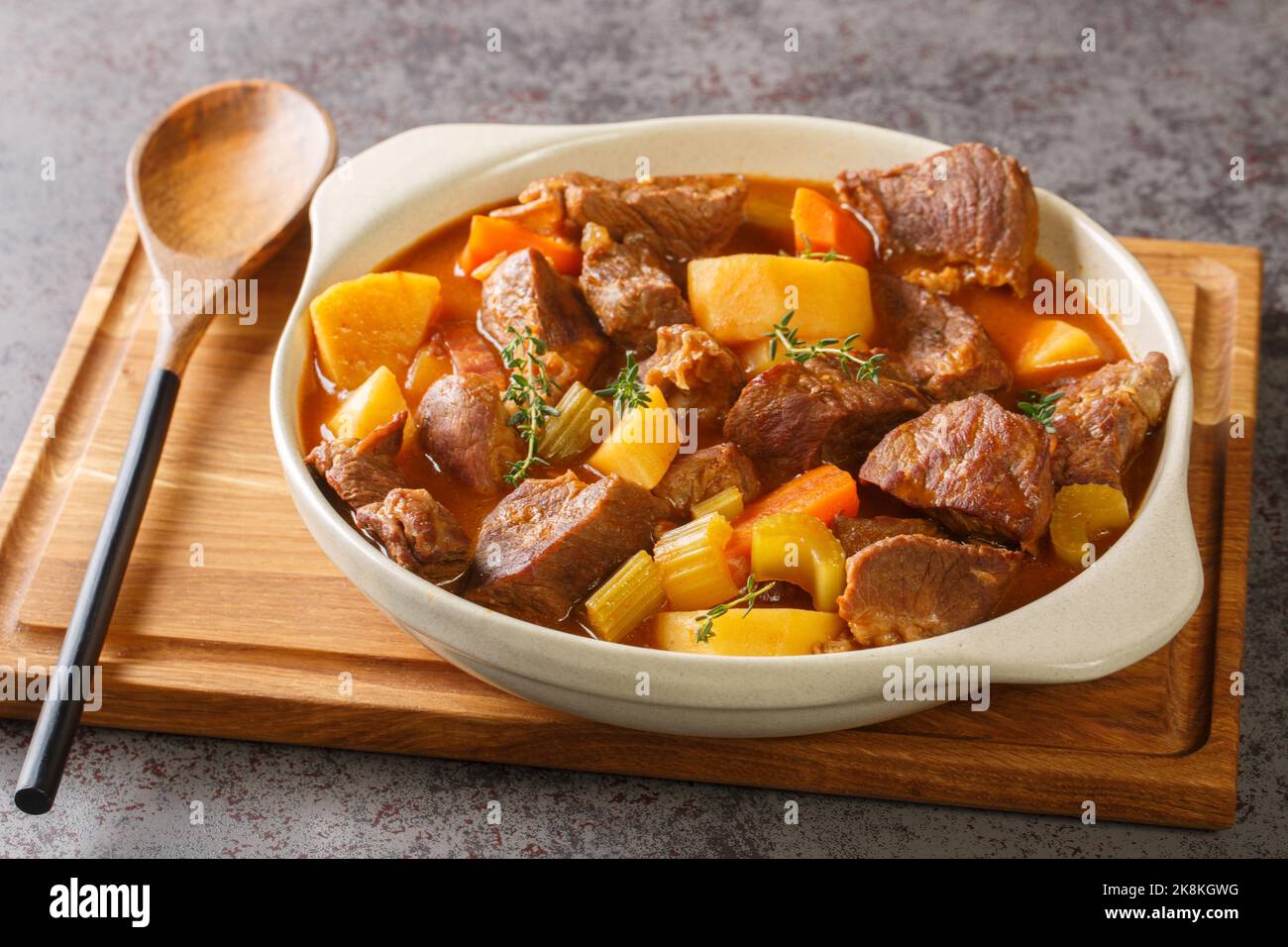 Hearty Irish inspired beef stew made with garlic, stock, Guinness