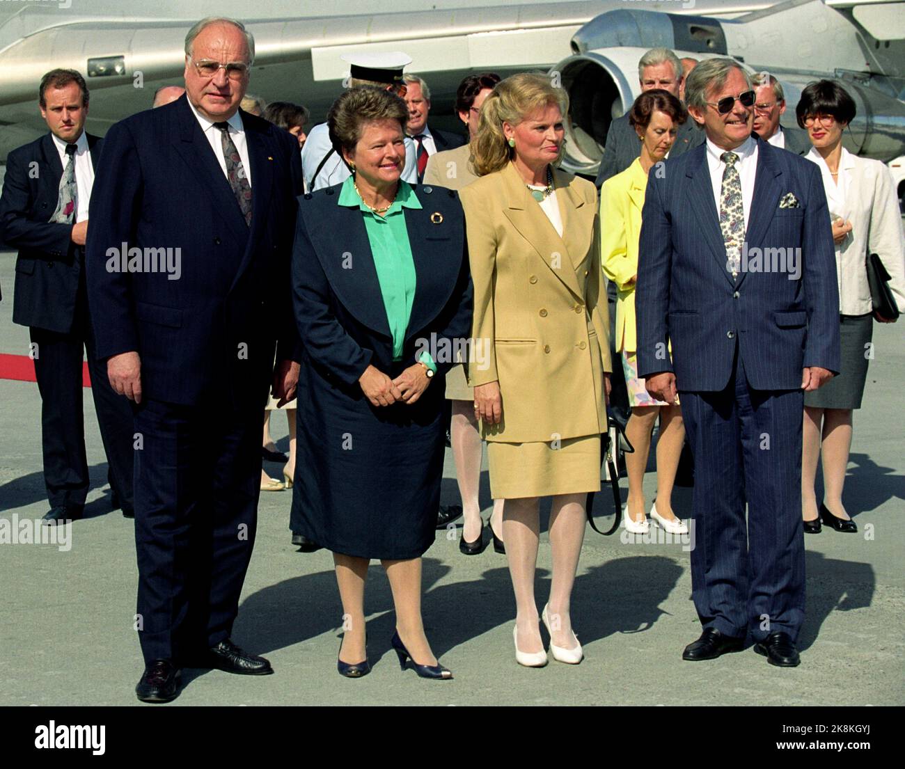 Oslo July 16, 1992. Germany's prime minister, Helmut Kohl with Mrs. Hannelore is welcomed by Prime Minister Gro Harlem Brundtland at Fornebu. The trip went directly to political talks in the Prime Minister's office, where the European issue was at the top of the agenda. Photo; Pål Hansen / NTB Stock Photo