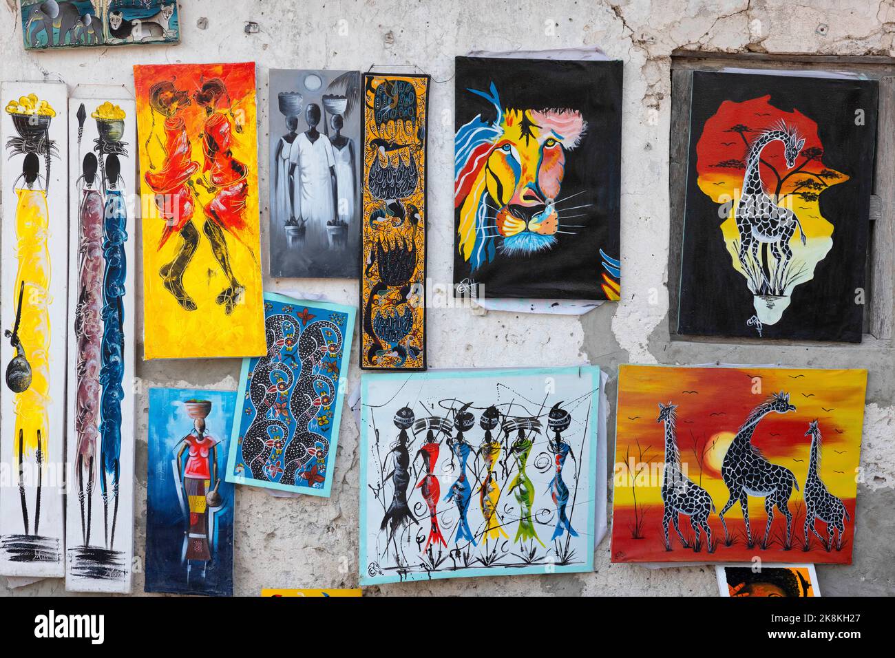 colorful paintings for sale at a shop in Zanzibar, Tanzania, Africa