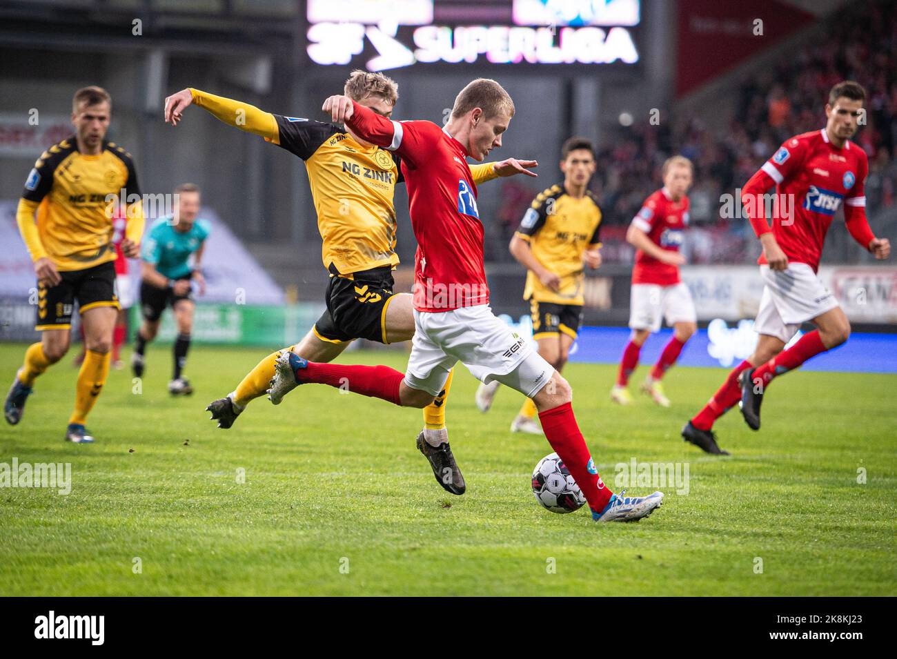 Horsens, Denmark. 23rd Oct, 2022. Sebastian Jorgensen (27) of Silkeborg IF equalises for 2-2 during the 3F Superliga match between AC Horsens and Silkeborg IF at Nordstern Arena Horsens in Horsens. (Photo Credit: Gonzales Photo/Alamy Live News Stock Photo