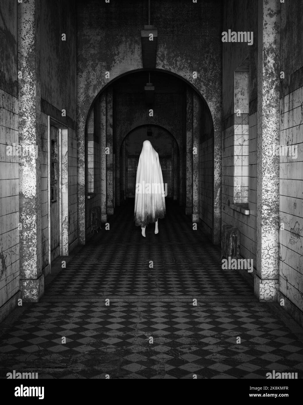 Floating Ghost in a Asylum Halloween Dark Black and White Film Grain Analogue Aesthetic Gothic Building with Ghost Hunters Camera Flash 3d Stock Photo