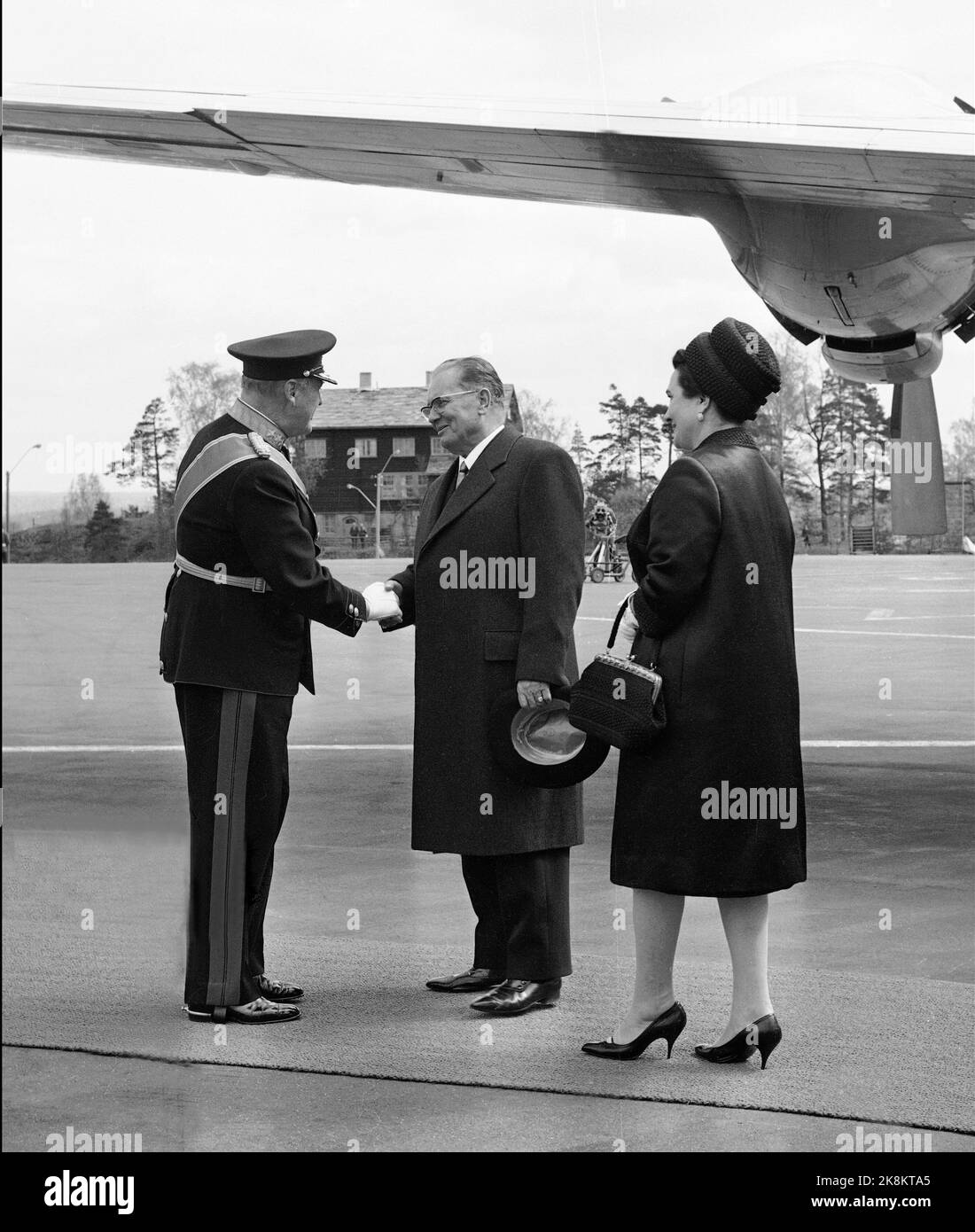 Oslo 19650510 Yugoslavia President Josip Broz Tito on official visit / state visit to Norway. Here Tito and Lady are received at Fornebu by King Olav in Uniform. Photo: NTB / NTB Stock Photo