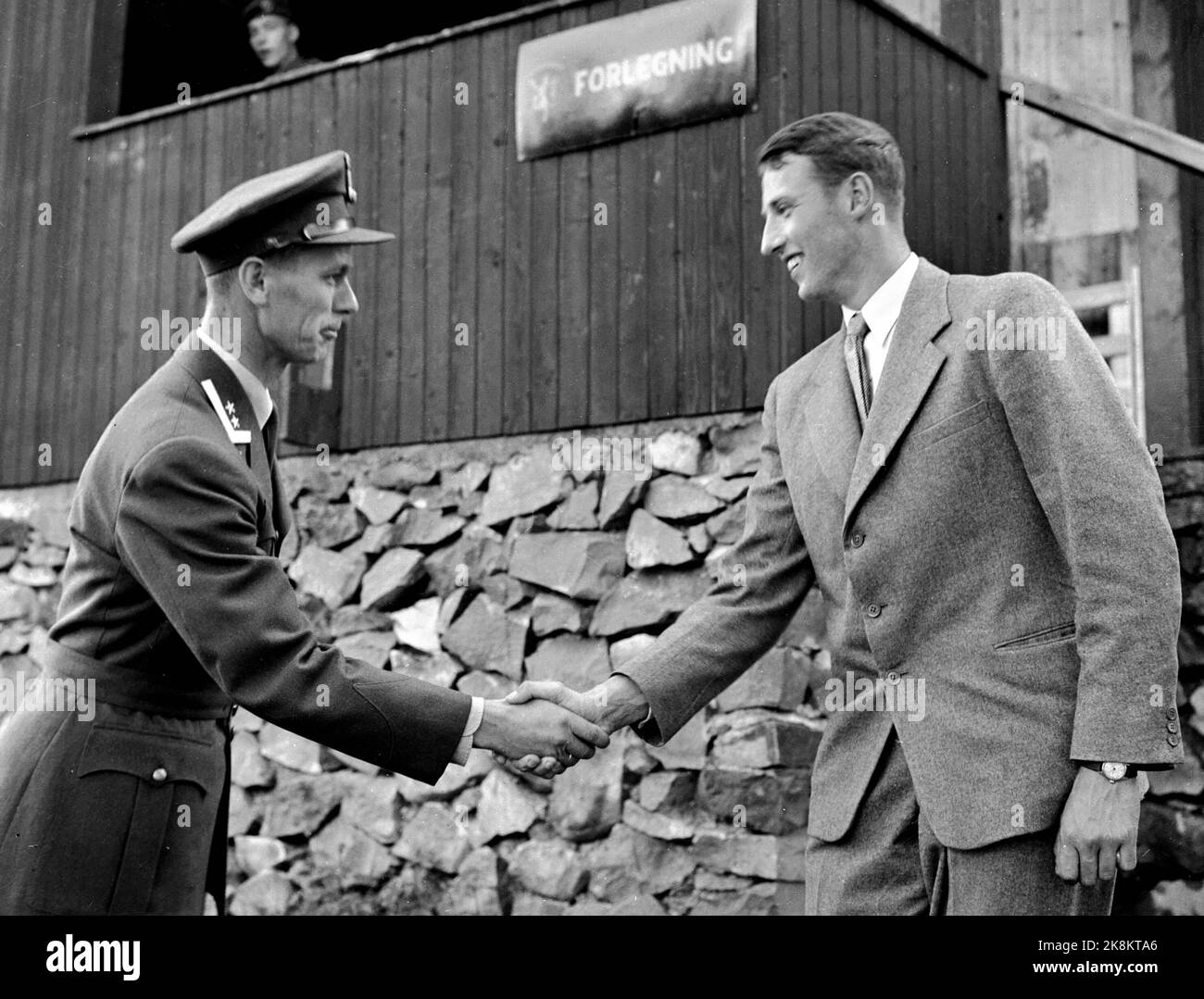 Nordseter, Lillehammer 19570820 Prince Harald begins as an aspirant at the War School, with attendance at Nordseter at Lillehammer. He is welcomed by the Chief of the War School, Colonel Lieutenant Arne Brandsæter. Photo: NTB / NTB Stock Photo