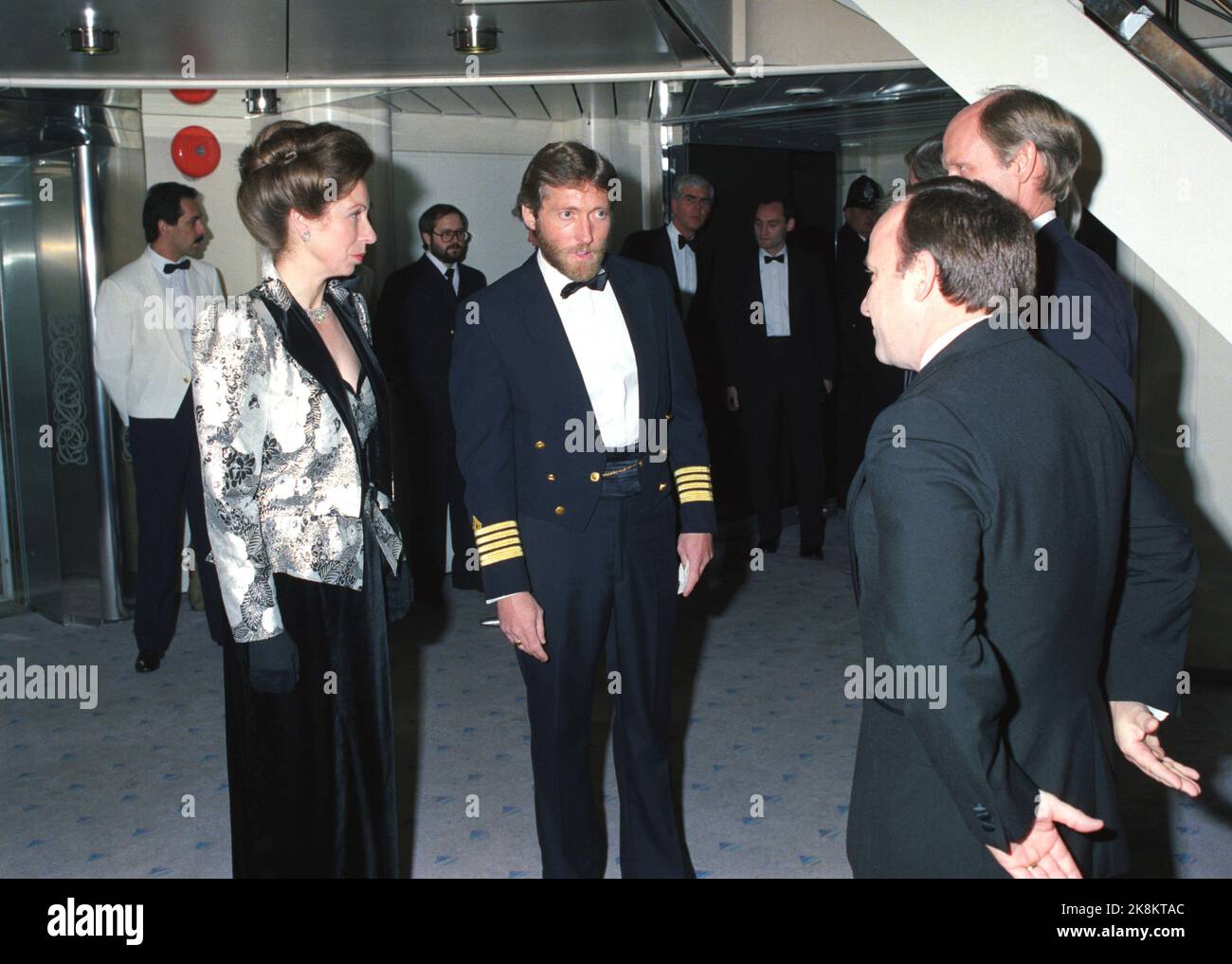 Turku, Finland 19881126: Princess Anne of the United Kingdom is a guest at the transfer of the cruise ship 'Royal Viking Sun' which has been taken over by the monastery cruise from the Wärtsilä shipyard in Finland. Here is the princess with Captain Olav Harsheim. Photo: Bjørn Sigurdsøn NTB / NTB Stock Photo