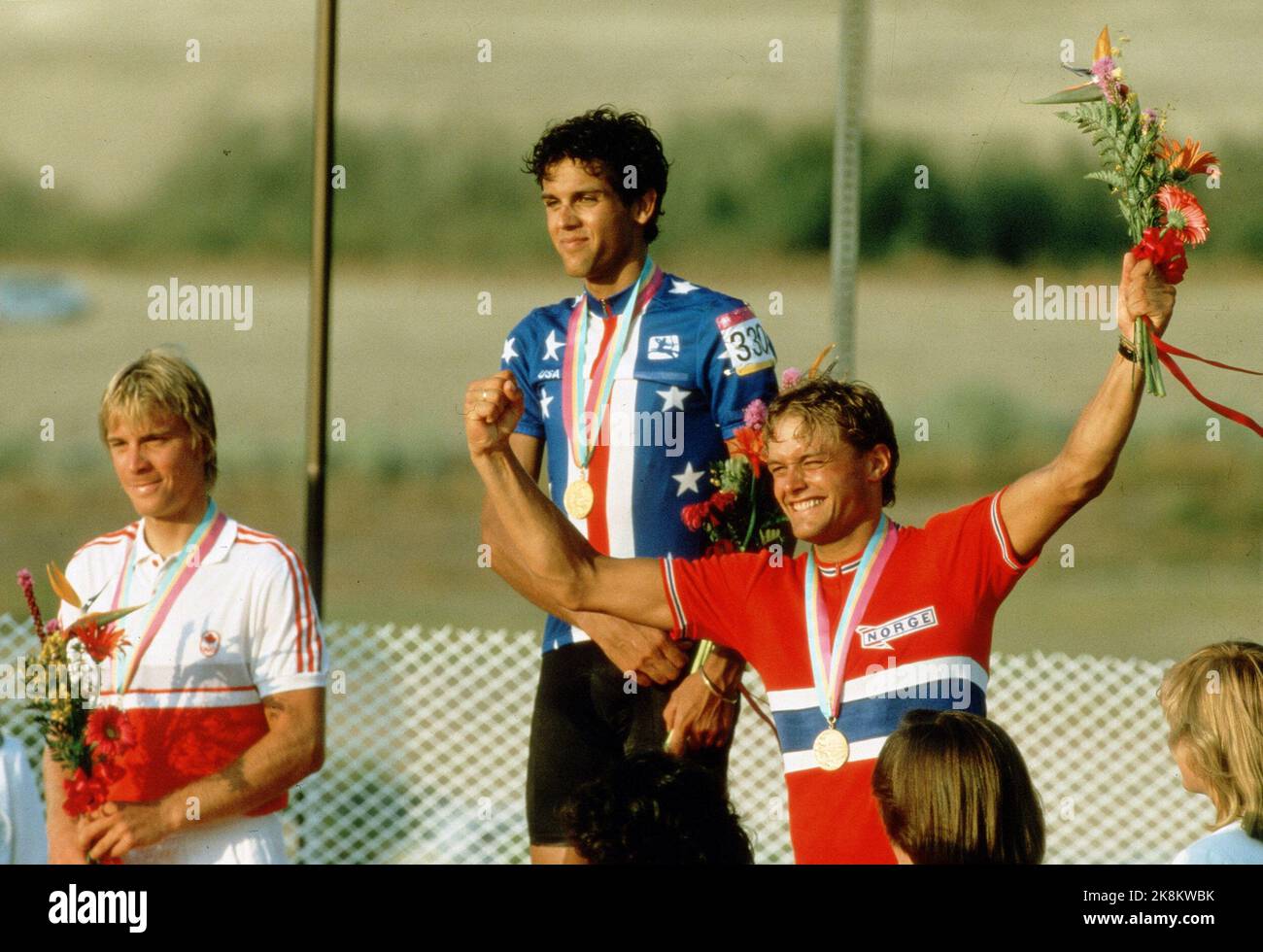 Los Angeles 19840729. The Los Angeles Olympics. Cycling, road rides, men. Eg. Steve Bauer Can. Silver, Alexi Greval Gold, USA and bronze for Dag Otto Lauritzen Norway, on the victory podium. Photo: Bjørn Sigurdsøn NTB / NTB Stock Photo