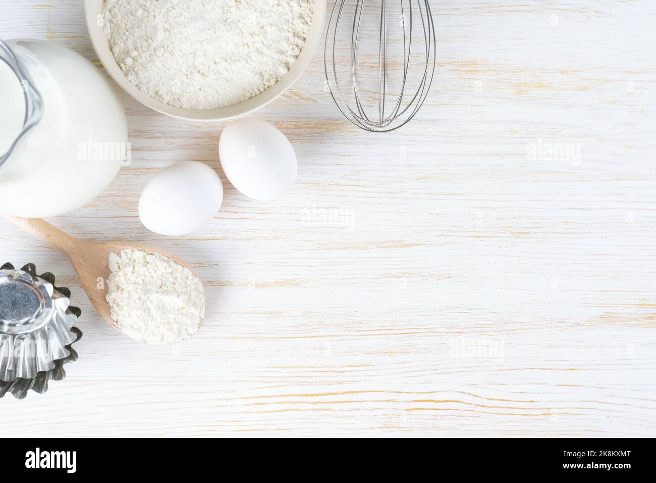 Baking cooking Ingredients background with copy space. Flour, eggs ...