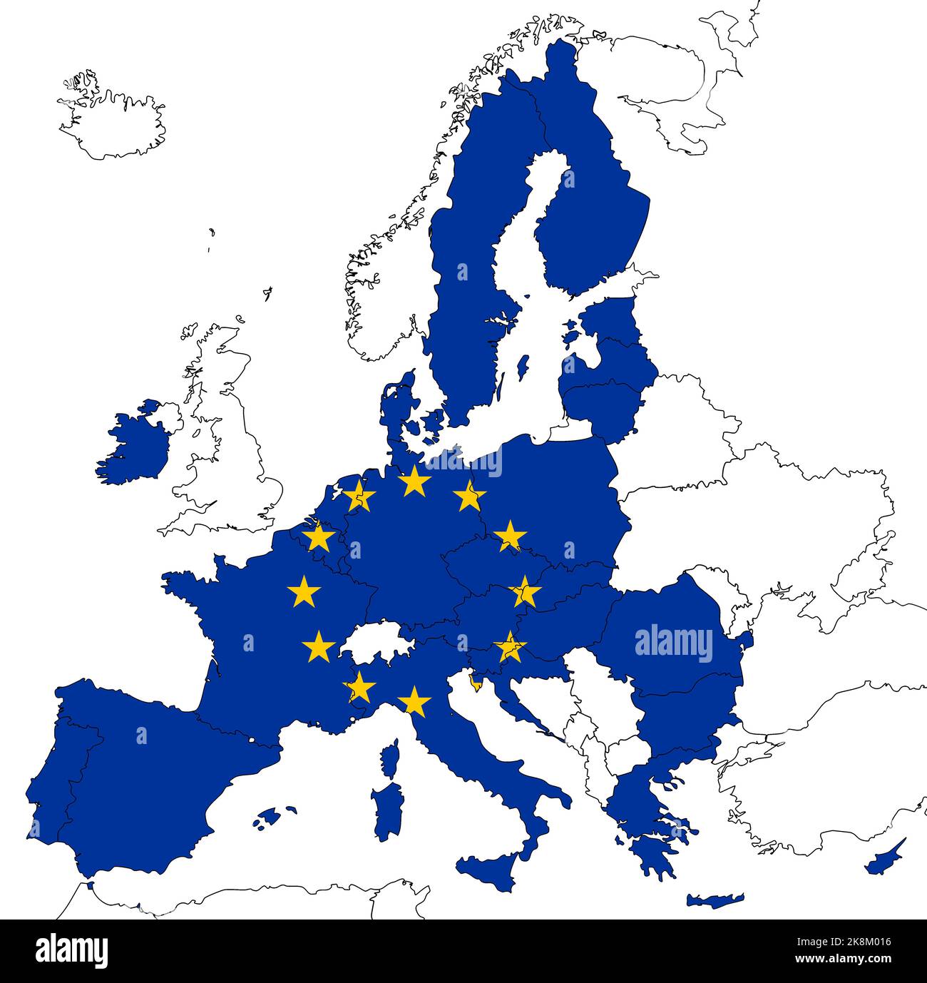 Map of Europe with EU countries filled with European Union (EU) flag