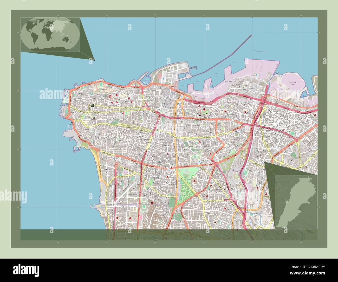 Beirut, governorate of Lebanon. Open Street Map. Locations of major