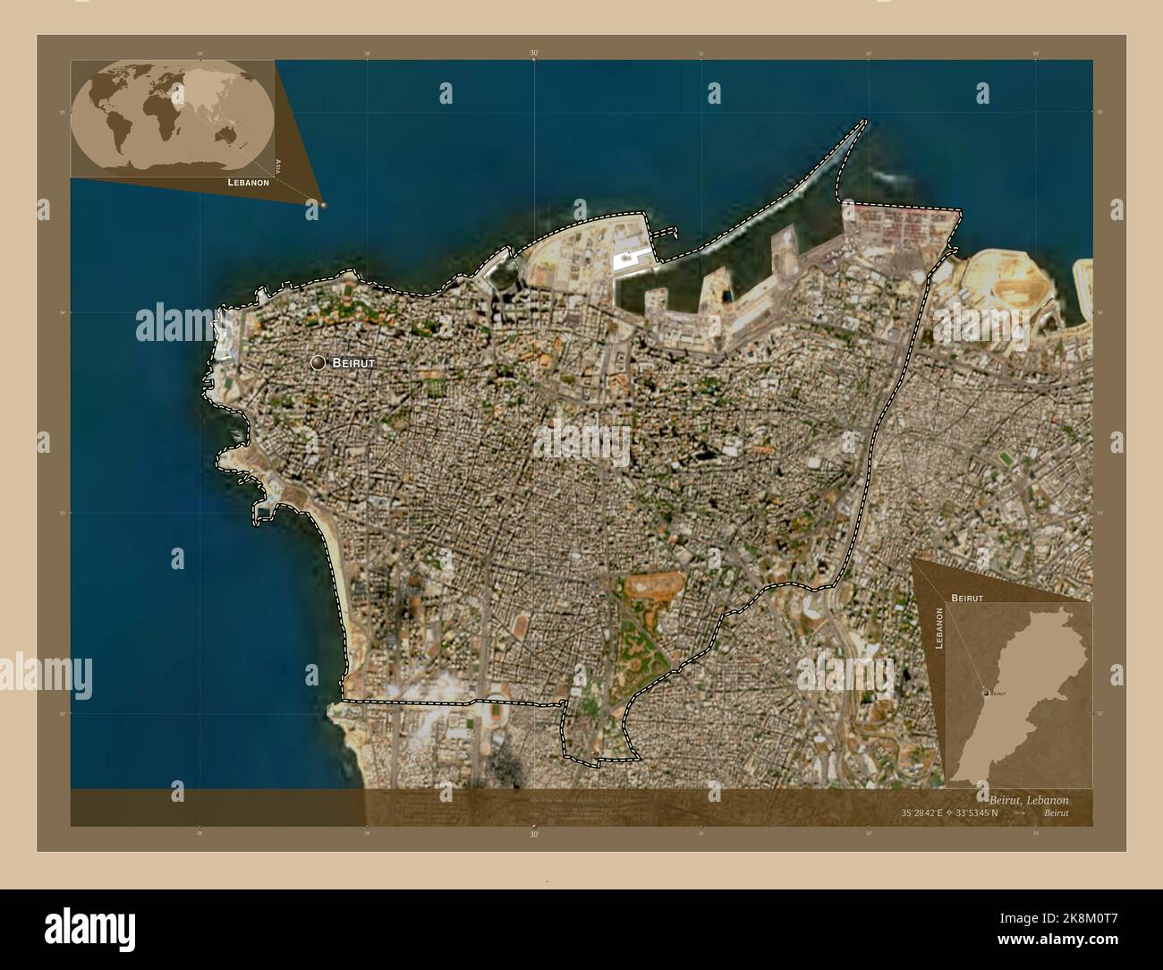 Beirut, governorate of Lebanon. Low resolution satellite map. Locations and names of major
