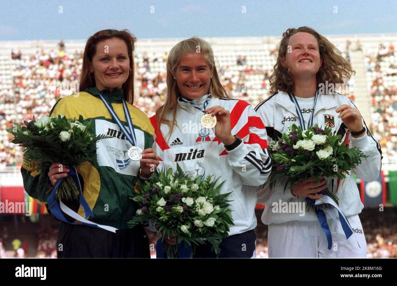 World Cup Athletics - Athens 1997 Winner trio from yesterday's javelin competition. Gold to Trine Hattestad (in the middle), silver to Australian Joanna Stone (left) and bronze to German Tania Damas (right) Photo: Erik Johansen / NTB Stock Photo