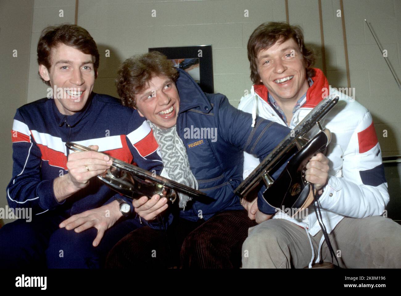 Lake Placid, N.Y., USA, 198002: Olympic Lake Placid 1980. Picture: Norwegian cheerful skater with a couple of skates, from V.: Bjørn Tveter, Tom Erik Oxholm and ................? (February 1980, missing the exact date, missing text.) Photo: NTB / EPU / NTB Stock Photo