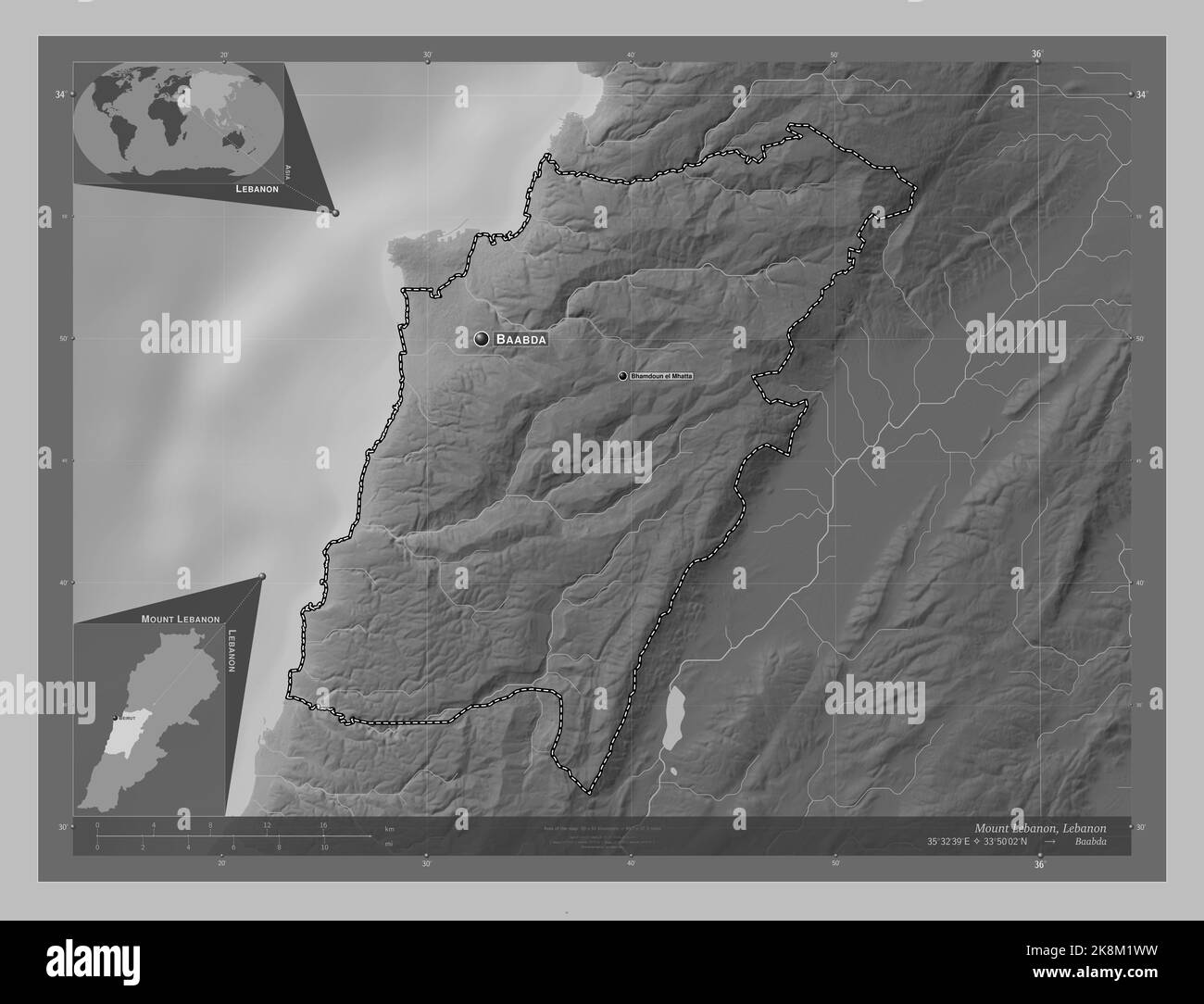 Mount Lebanon, governorate of Lebanon. Grayscale elevation map with lakes and rivers. Locations
