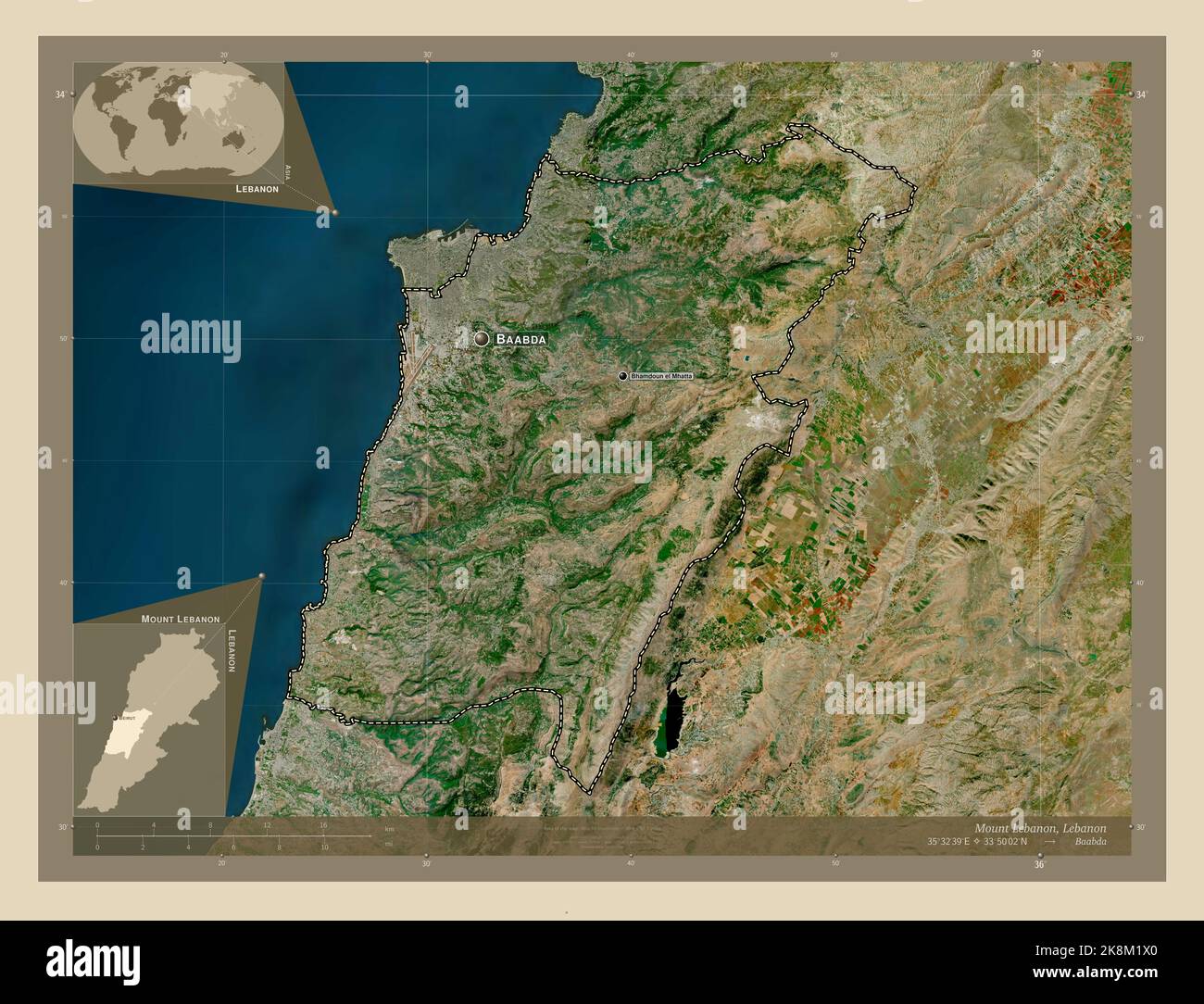 Mount Lebanon, governorate of Lebanon. High resolution satellite map. Locations and names of