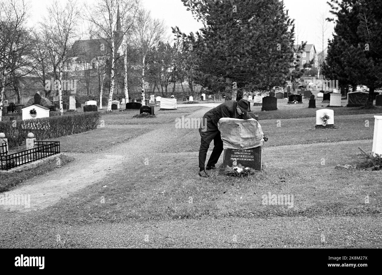 Trondheim in the autumn of 1964: Frostating Court of Appeal: Trial against Alfhild Karlsen who was charged and later sentenced to life imprisonment for poison killings on her husband Ottar Karlsen and father -in -law Kristian Karlsen. Here the burial support for the family grave at Ranheim cemetery, where Kristian Karlsen is buried. The burial support is covered during the trial. Photo: Aaserud/ Current/ NTBSCANPIX Stock Photo