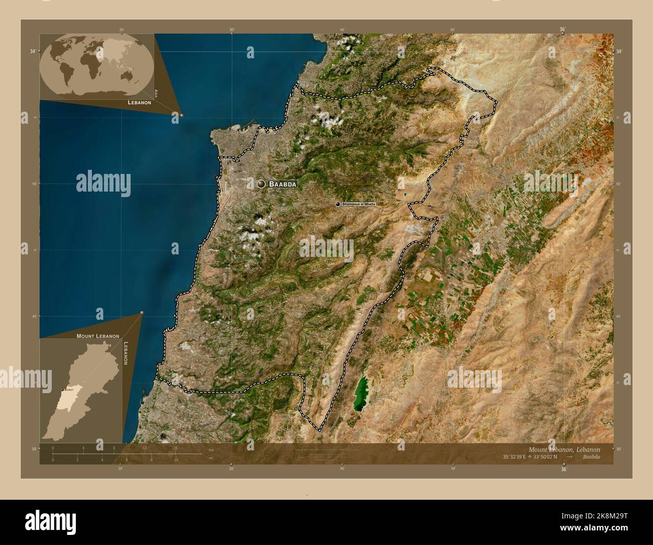 Mount Lebanon, governorate of Lebanon. Low resolution satellite map. Locations and names of