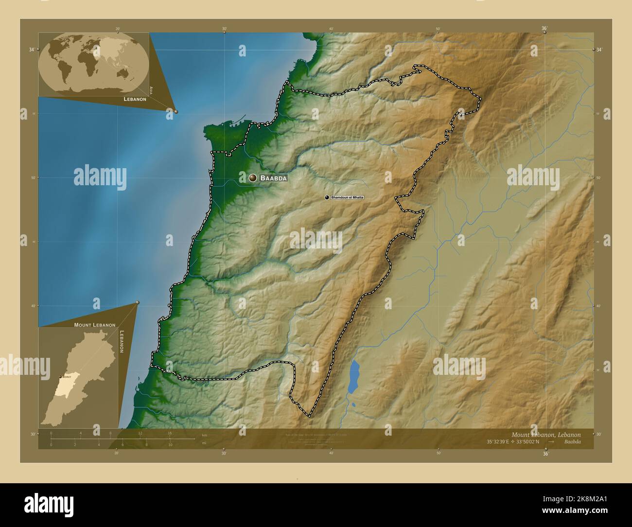 Mount Lebanon, governorate of Lebanon. Colored elevation map with lakes and rivers. Locations