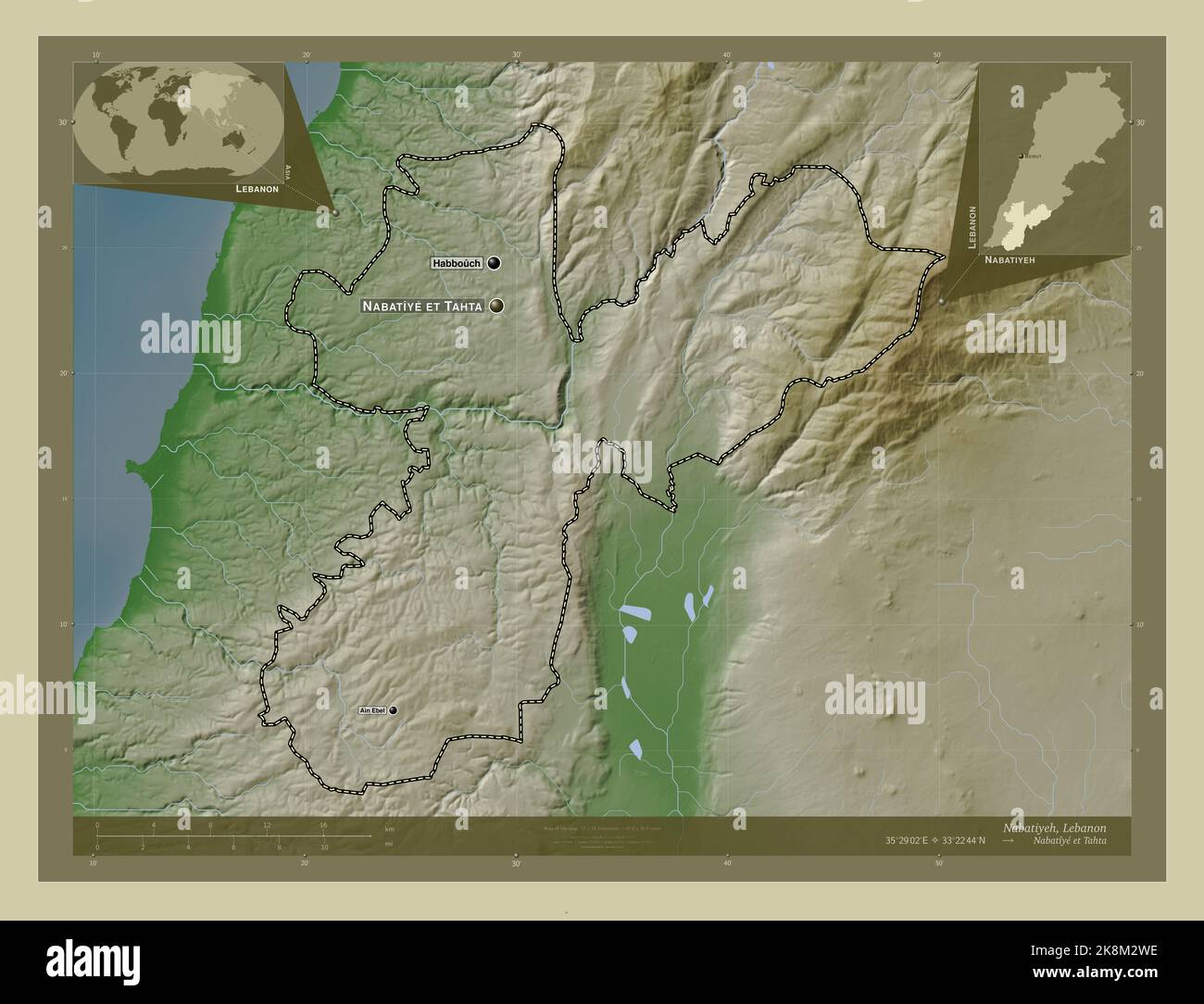 Nabatiyeh, governorate of Lebanon. Elevation map colored in wiki style