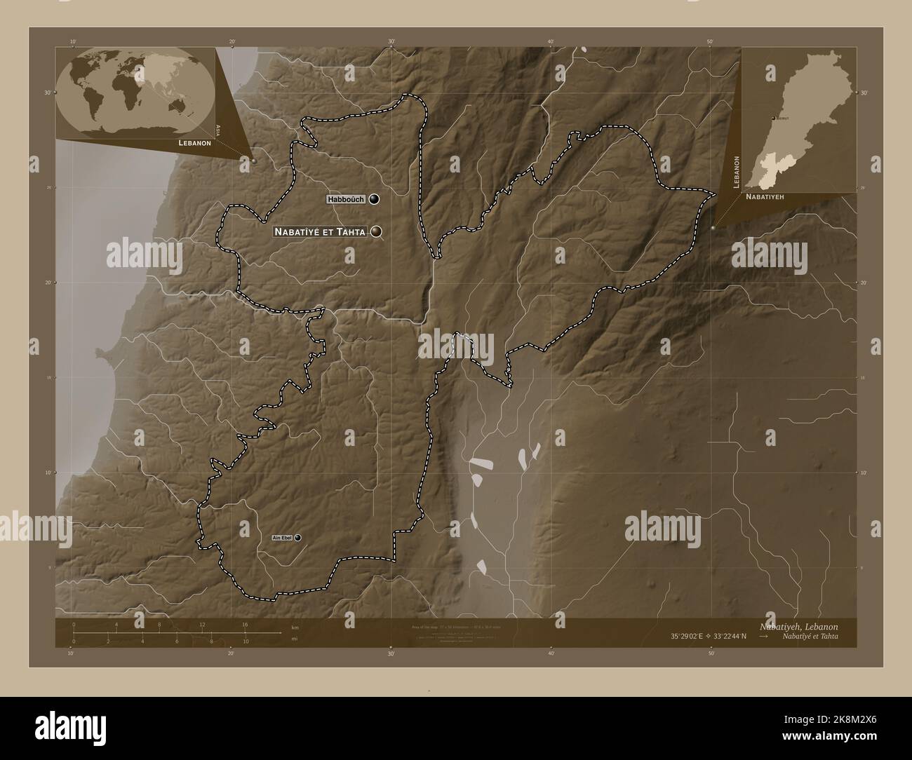 Lebbanon Map Rivers Nabatiyeh, governorate of Lebanon. Elevation map colored in sepia tones ...