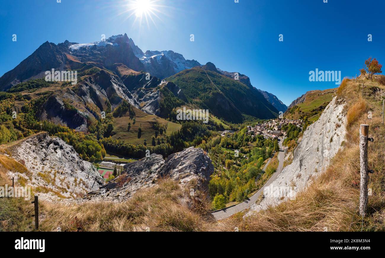Ecrins National Park and Village of La Grave with La Meije peak in autumn. Ski resort in the Hautes-Alpes (French Alps). France Stock Photo