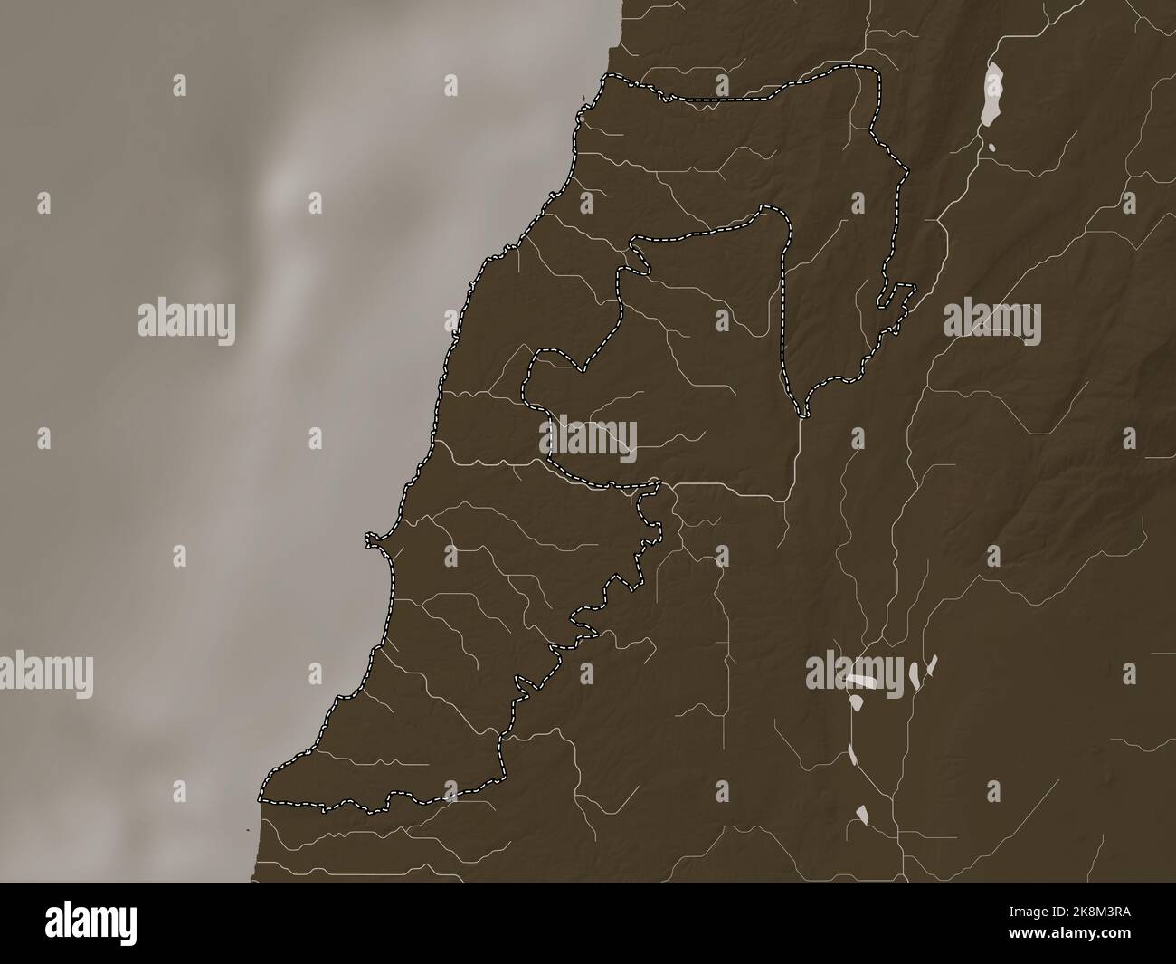 South, governorate of Lebanon. Elevation map colored in sepia tones