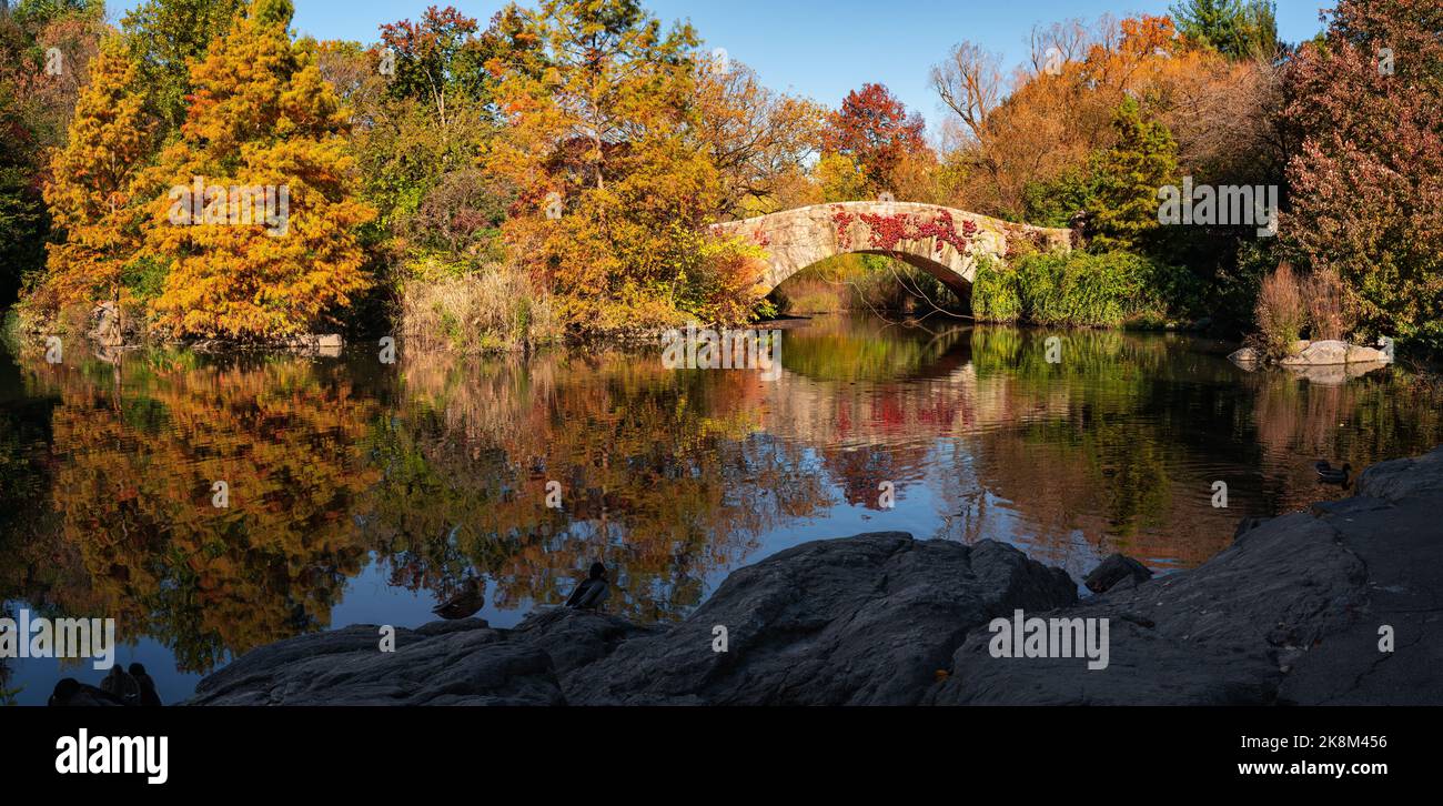 Autumn at The Pond in Central Park with reflection of fall foliage and Gapstow Bridge. Manhattan, New York City Stock Photo