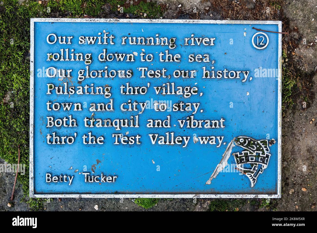 Blue plaque near the River Test in Romsey with a few lines of poetry by Betty Tucker, Hampshire, England, UK Stock Photo
