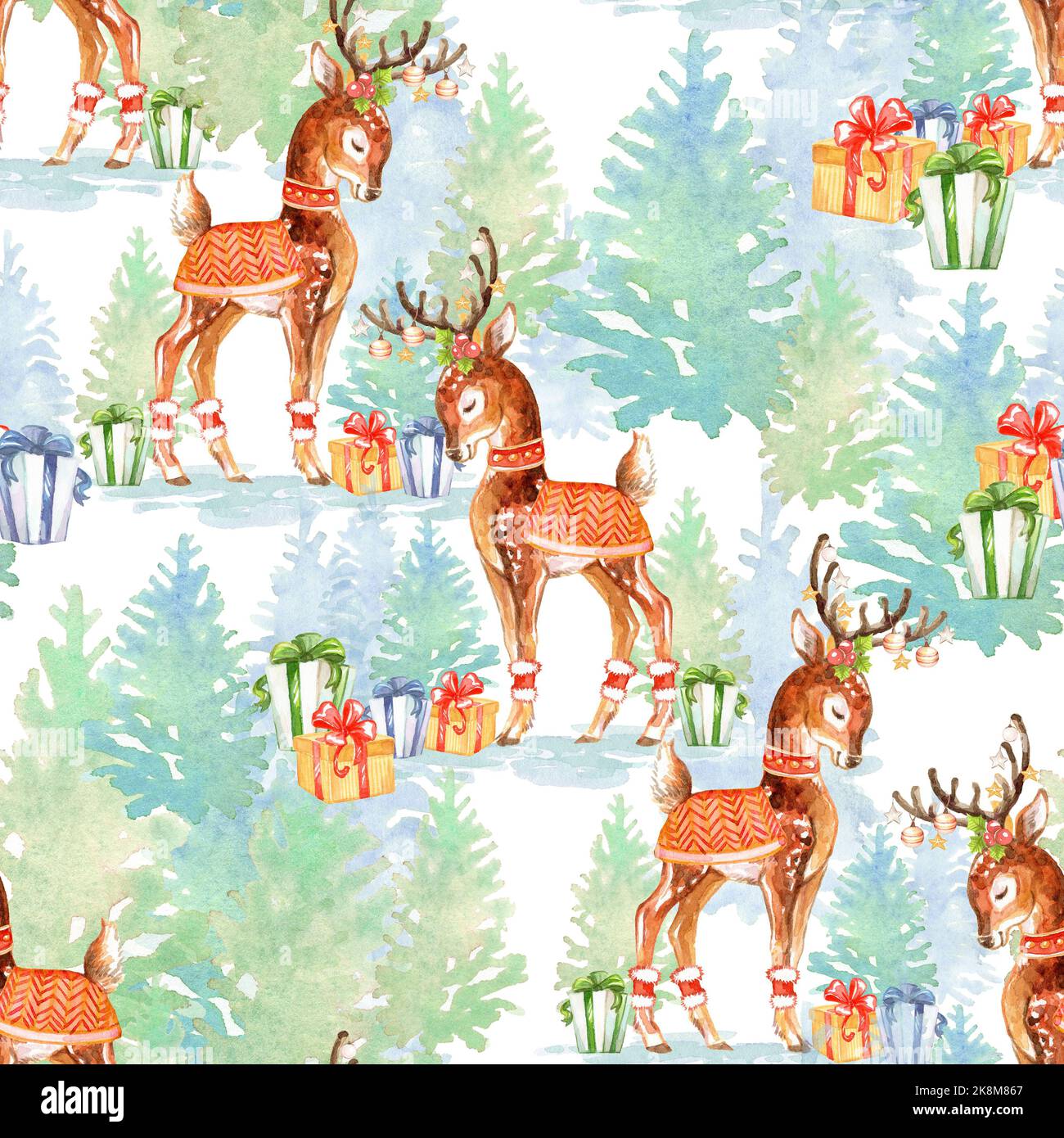 Seamless pattern deers in Christmas tree forest. Hand drawn watercolor ...