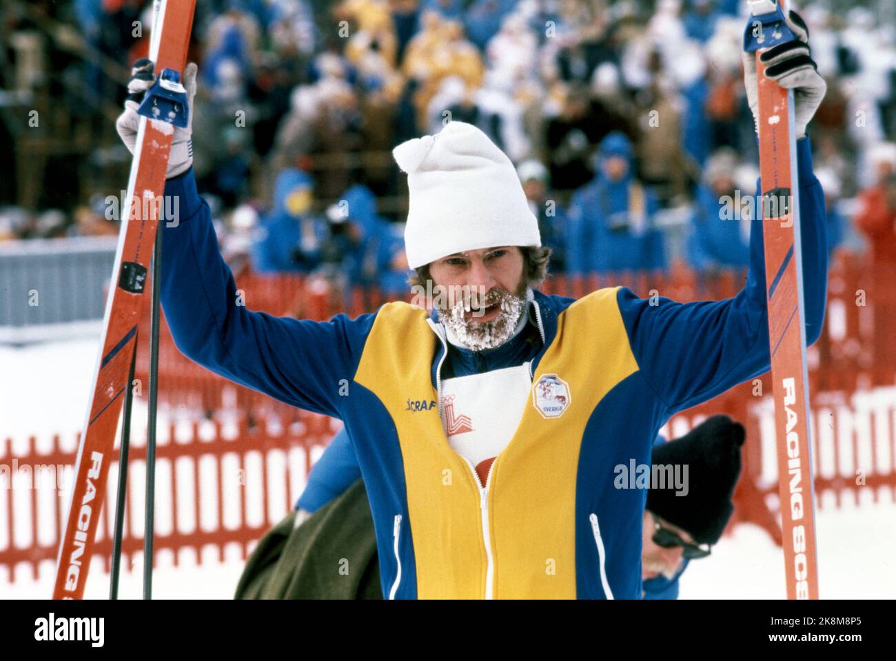 Lake Placid, N.Y., USA, 198002: Olympic Lake Placid 1980. Cross -country skiing, 15km men. The picture: wins Thomas Wassberg (Sve) cheering for the 15km victory, February 17, 1980. Photo: NTB / EPU / NTB Stock Photo