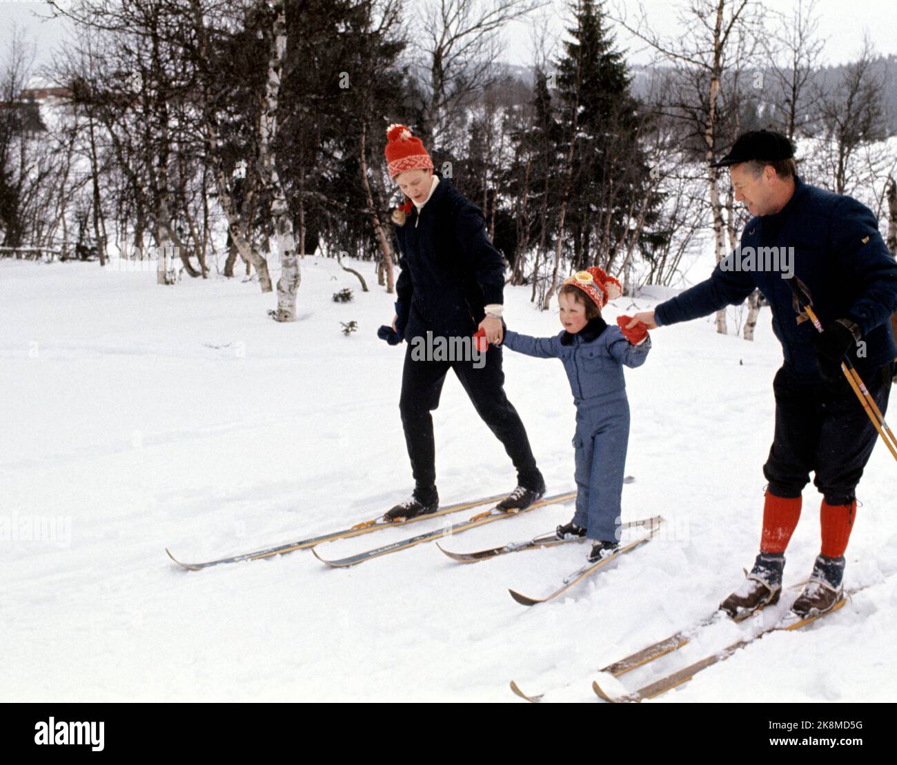 Gausdal February 1973 Princess Margrethe of Denmark on ski vacation in Norway. Here with one of the children and a helper. Photo: NTB *** Photo not image processed ***** Stock Photo