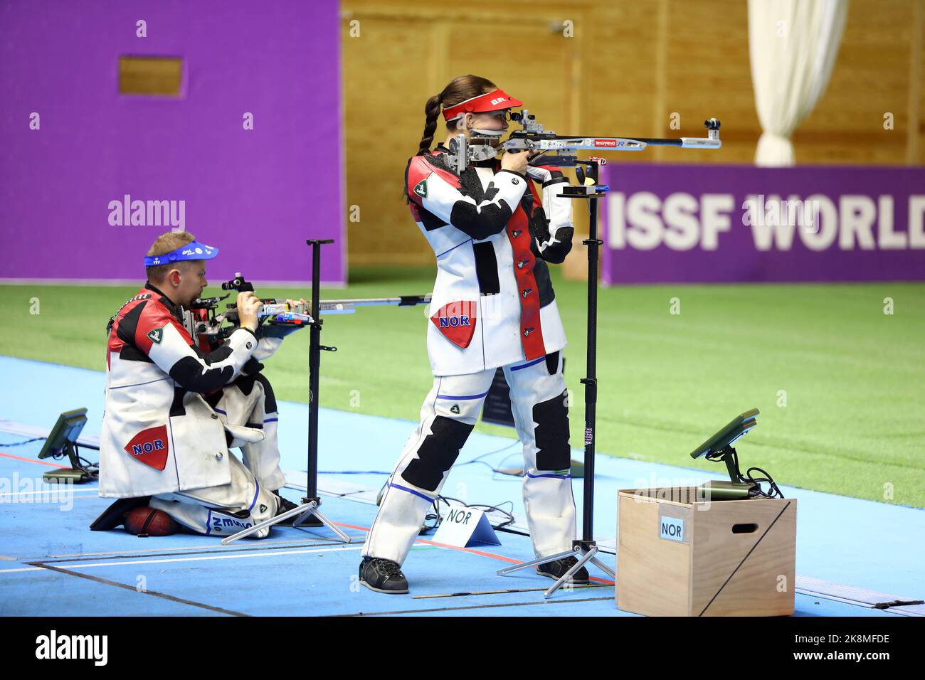 Cairo, Egypt. 24th Oct, 2022. Jenny Stene (R)/Simon Claussen of Norway compete during the 50m rifle 3 positions mixed team gold medal match against Stephanie Laura Scurrah Grundsoee/Steffen Olsen of Denmark at the ISSF World Championship Rifle/Pistol in Cairo, Egypt, Oct. 24, 2022. Credit: Ahmed Gomaa/Xinhua/Alamy Live News Stock Photo