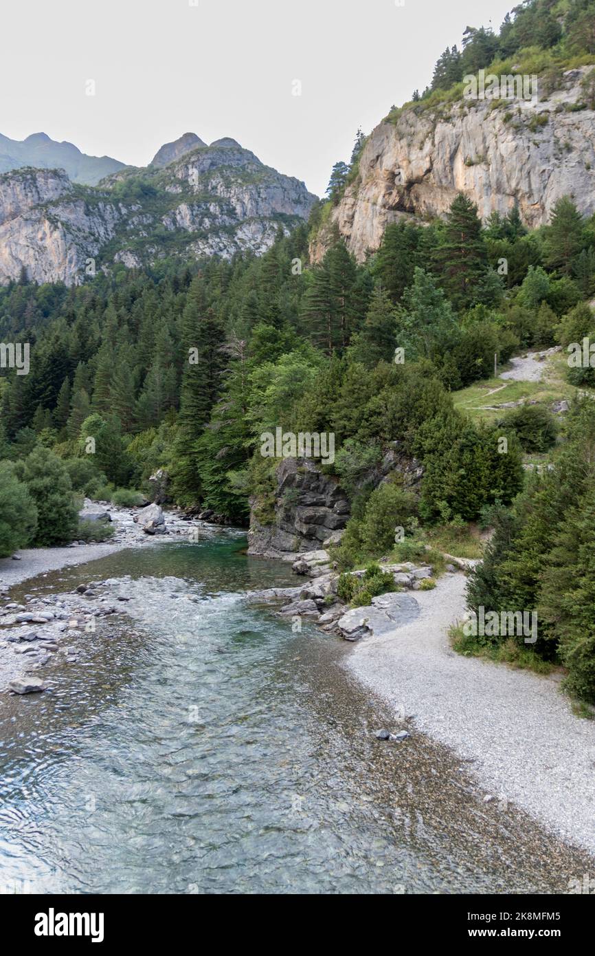 landscape of the Ara river as it crosses the Bujaruelo valley, in the Aragonese Pyrenees, located in Huesca, Spain Stock Photo