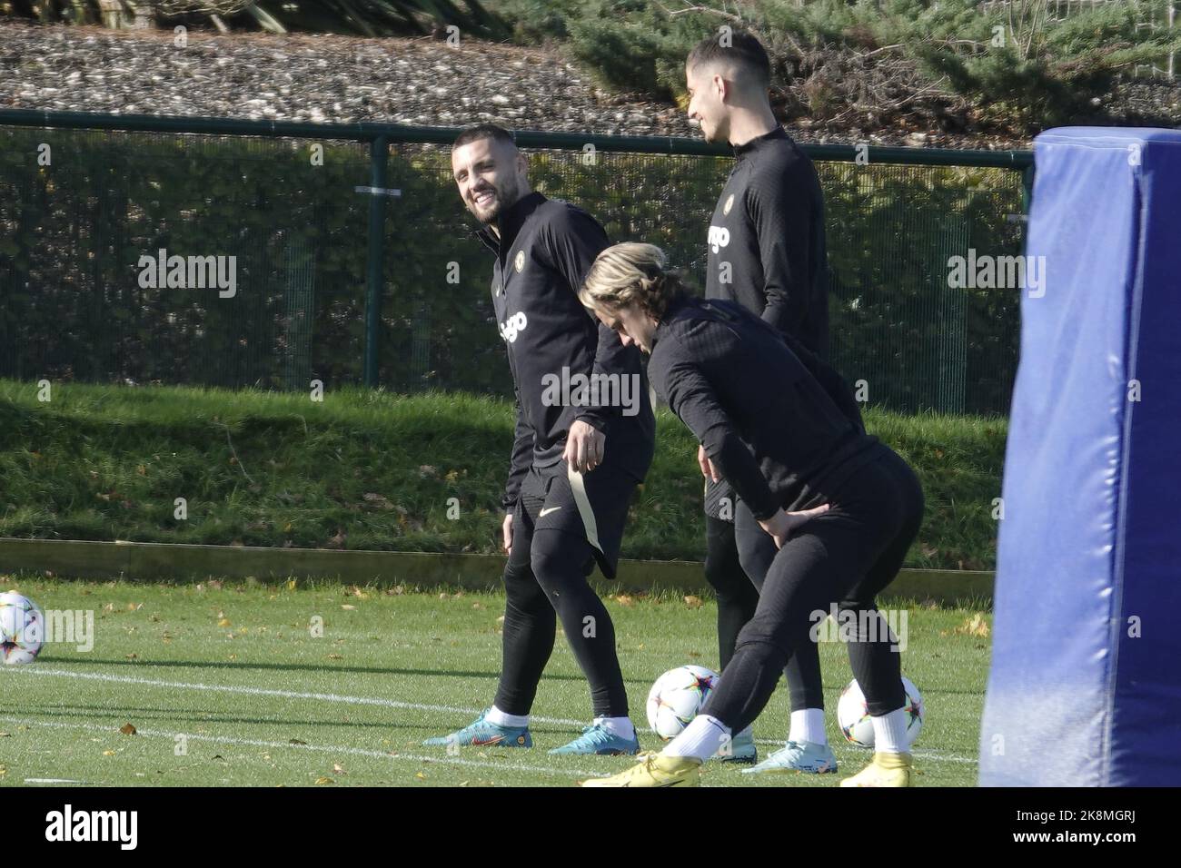 Cobham, Surrey, UK. 24th Oct, 2022. Chelsea Football Club players training at the clubsÕ Cobham Academy ground, for their Champions League game against FC Salzburg tomorrow in Austria Here: Mateo Kovacic, Kai Havertz and Conor Gallagher Credit: Motofoto/Alamy Live News Stock Photo