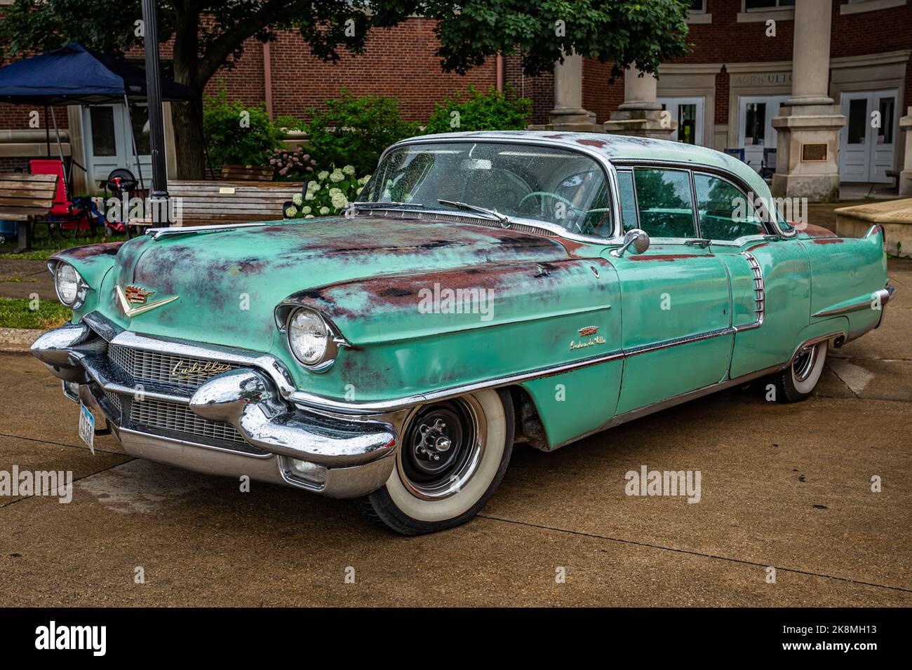 Des Moines, IA - July 01, 2022: High perspective front corner view of a 1956 Cadillac 62 Sedan DeVille at a local car show. Stock Photo