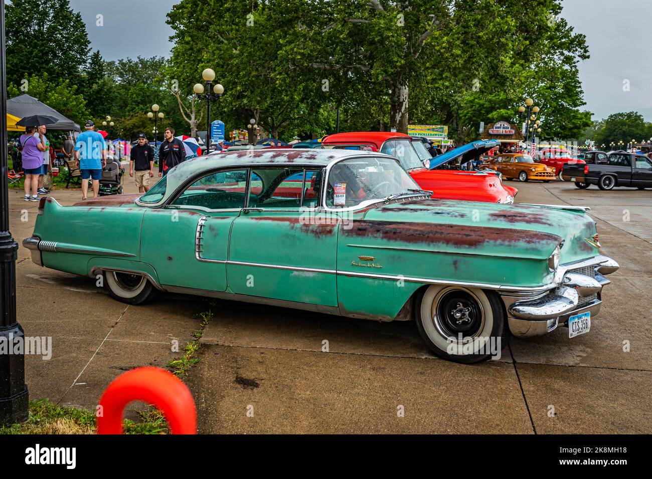 Des Moines, IA - July 01, 2022: High perspective side view of a 1956 Cadillac 62 Sedan DeVille at a local car show. Stock Photo