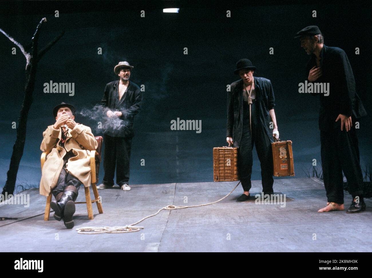 Oslo 19860423. The play 'While We Wait for Godot' by Samuel Beckett is set up on the amphitheater at the National Theater. For example: Ole Jørgen Nilsen, Tom Tellefsen (missing the name of two actors) Photo Morten Hvaal / NTB / NTB Stock Photo