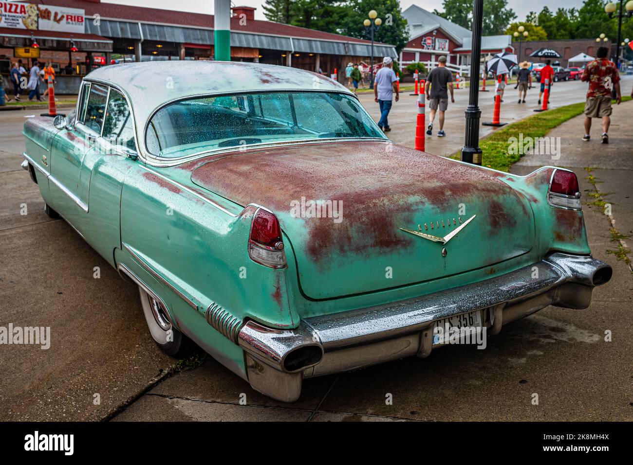 Des Moines, IA - July 01, 2022: High perspective rear corner view of a 1956 Cadillac 62 Sedan DeVille at a local car show. Stock Photo