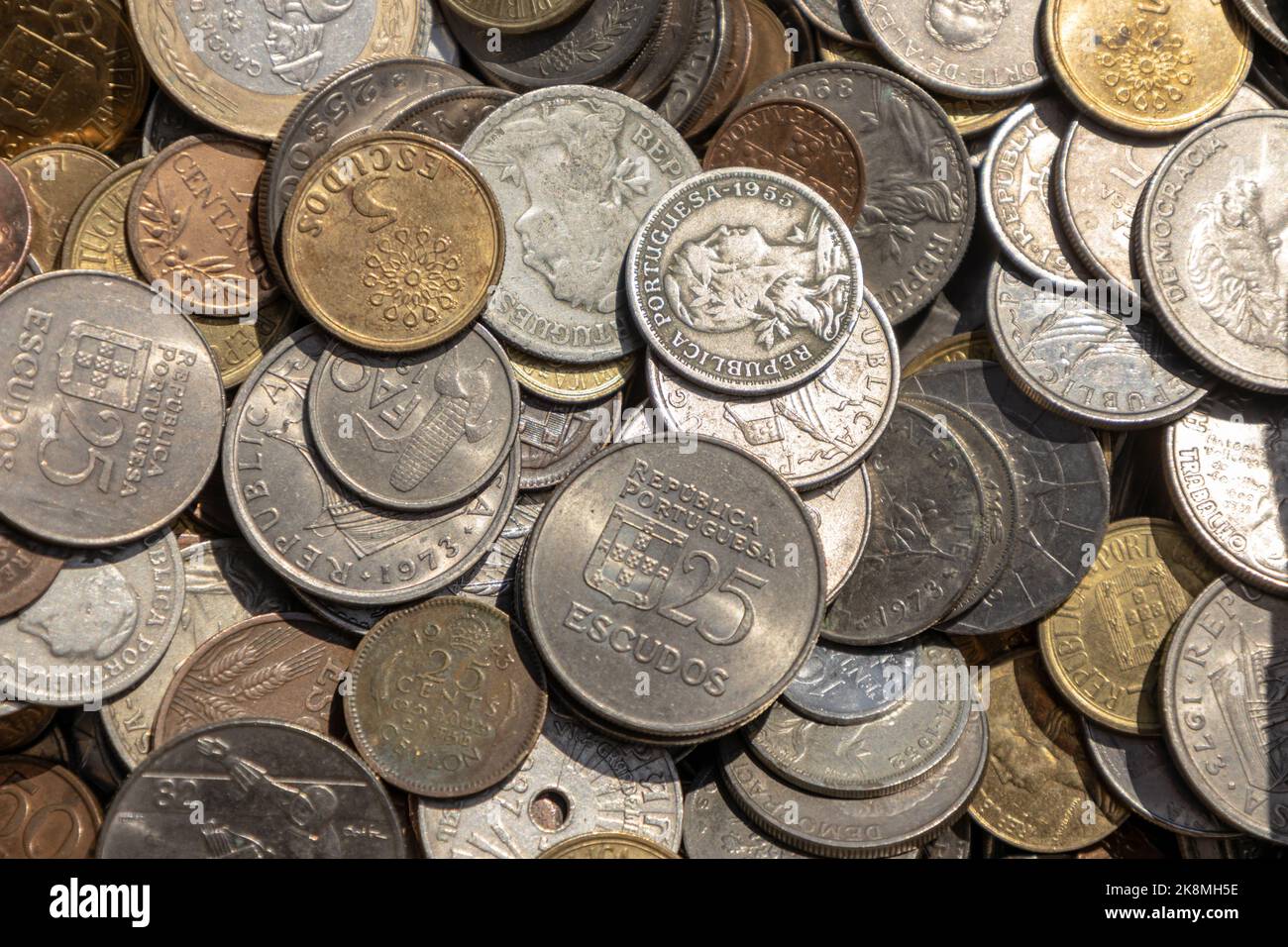 Group of ancient coins. Metallic money in the form of coins out of circulation. Stock Photo