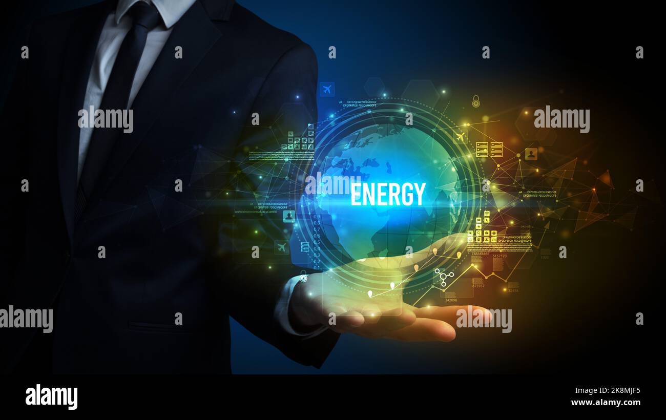 Elegant hand holding technology-related inscription Stock Photo - Alamy