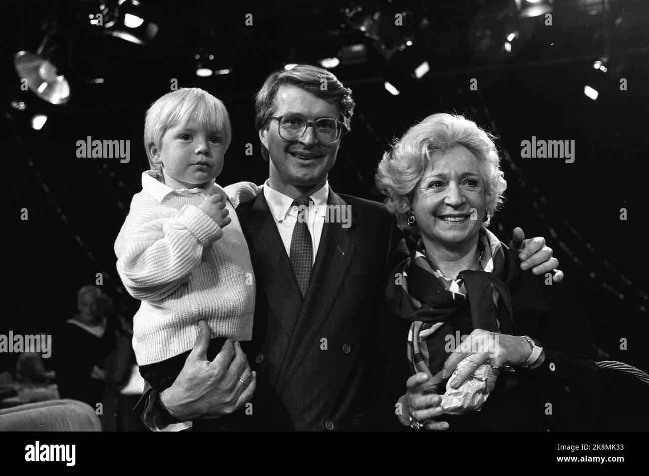 Oslo 19850929 Wenche Foss with his son Fabian Stang and his grandson Fabian Emil after the TV program 'This is your life'. Photo: Henrik Laurvik / NTB Stock Photo