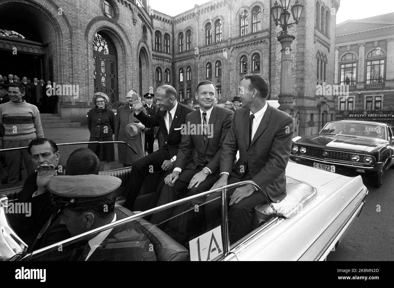 Oslo 19691010 The American astronauts Buzz Aldrin, Neil Armstrong and Michael Collins from 'Apollo 11', which earlier that same year landed on the moon are on European tour. Here the three visited the Storting, and after the visit they drove in an open car up Karl Johan. From V: Aldrin, Armstrong and Collins. The spouses followed in a closed car. Photo: Aage Storløkken / Current / NTB Stock Photo