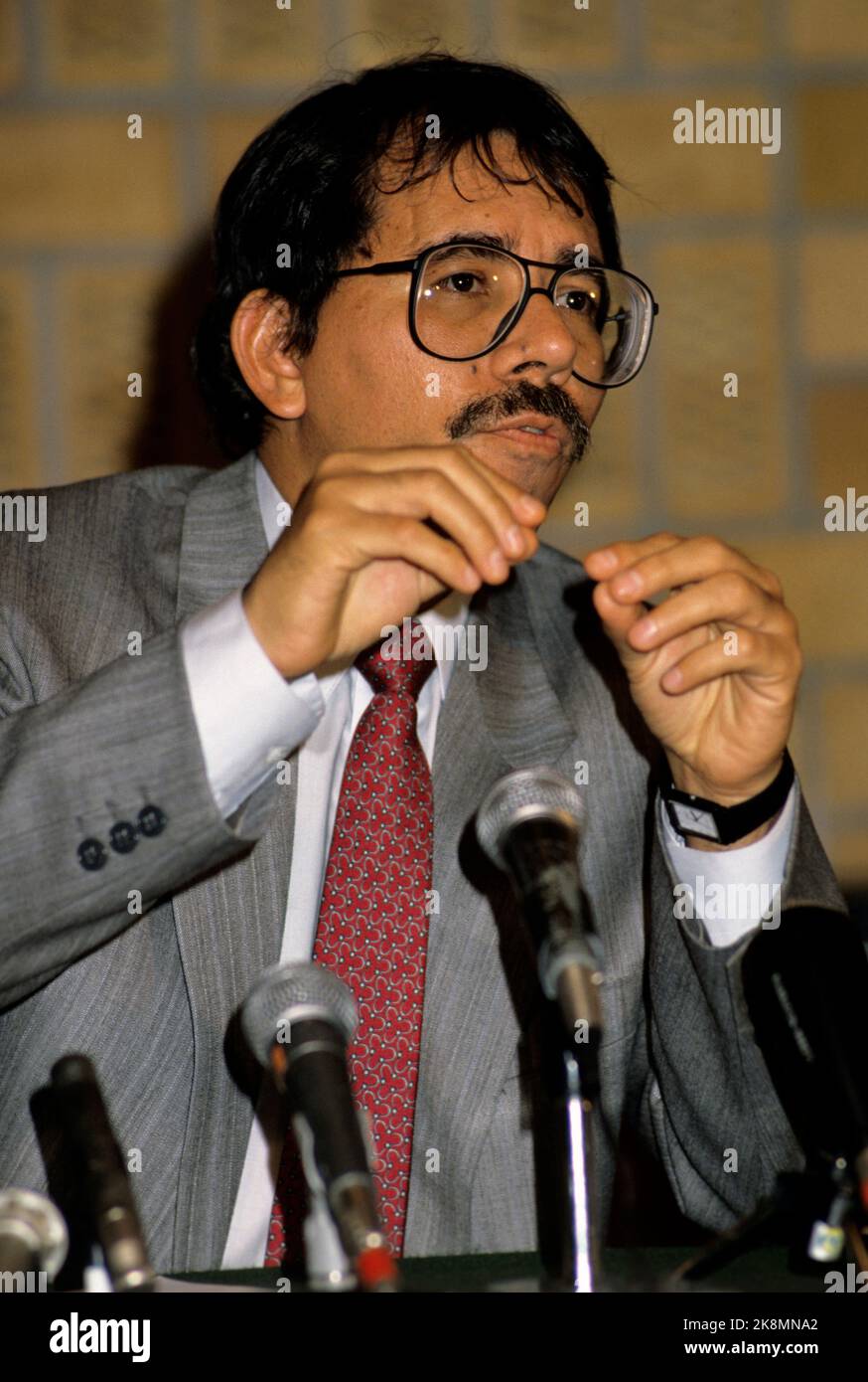 Oslo 19880131. Daniel Ortega, President of Nicaragua, is on a short visit to Norway. Here from the press conference. Photo Ingar Johansen / NTB Stock Photo