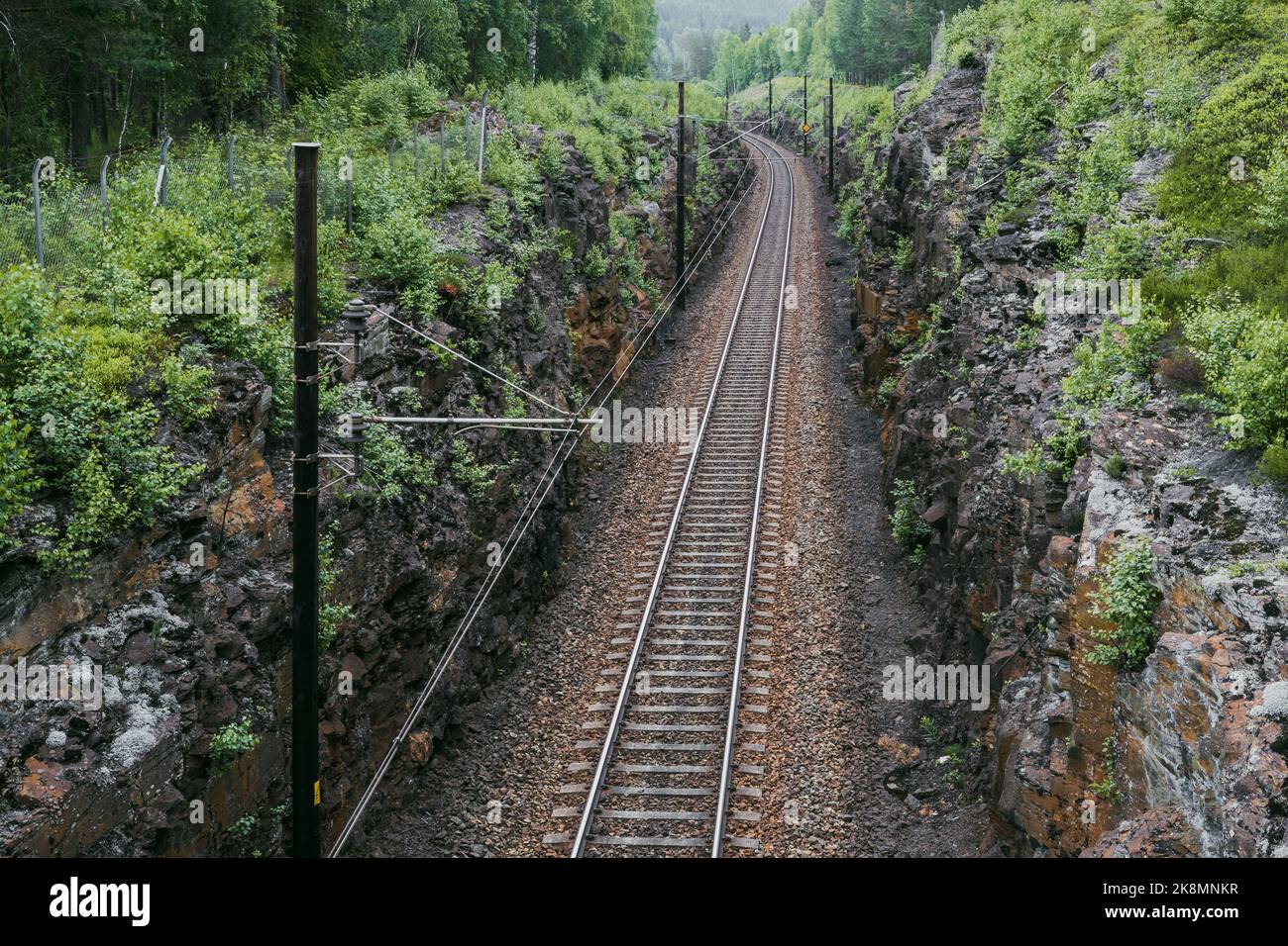 Dovrebanen Railroad by Hunderfossen in the Gudbrandsdalen Valley, Oppland, Norway. Stock Photo