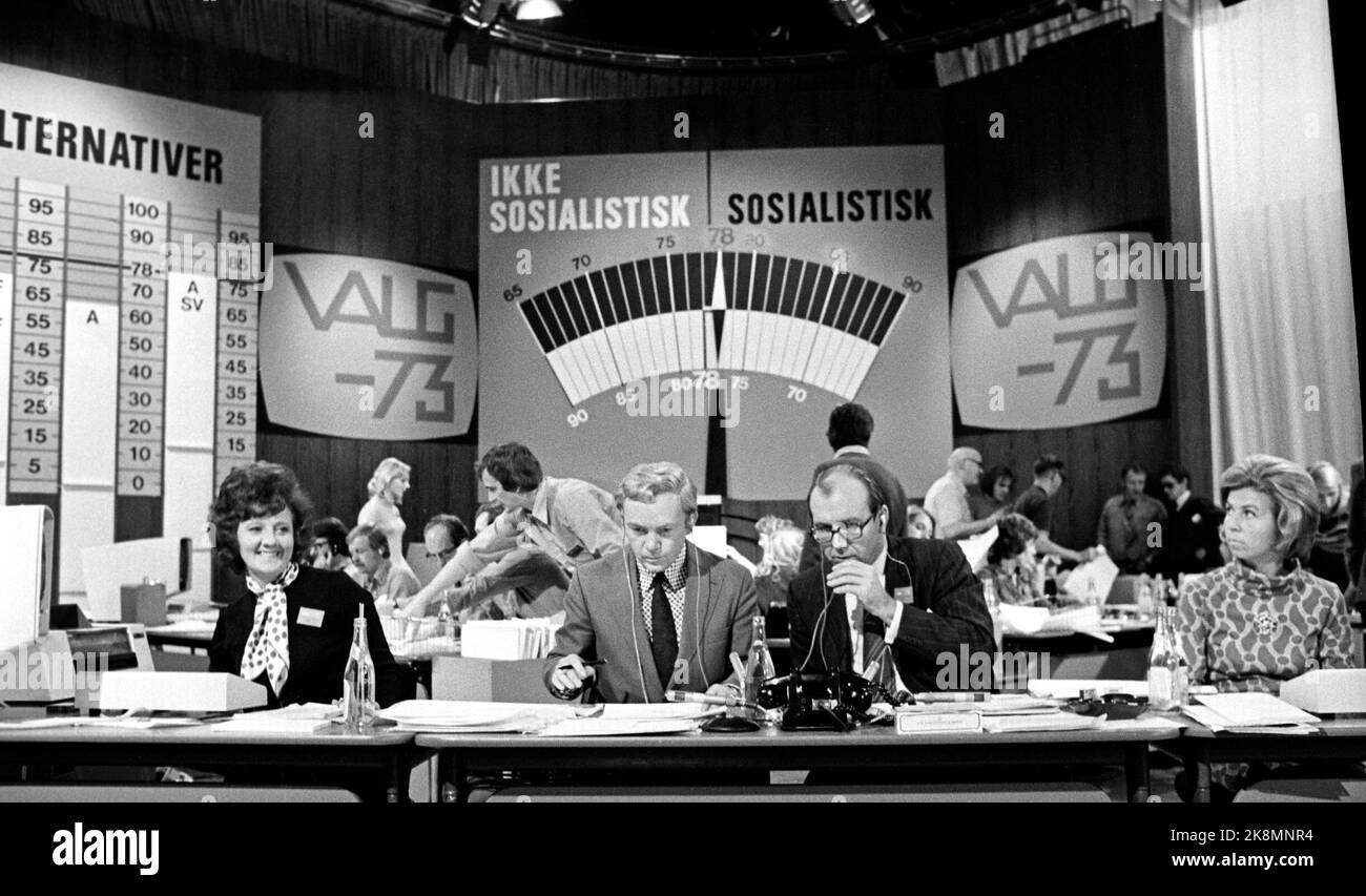 Oslo 19730910. Storting elections 1973, election night in NRK. Program ...