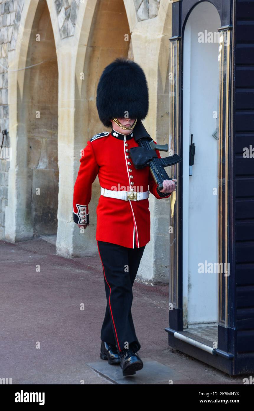 A vertical shot of a british guard walking and carrying a weapon, with