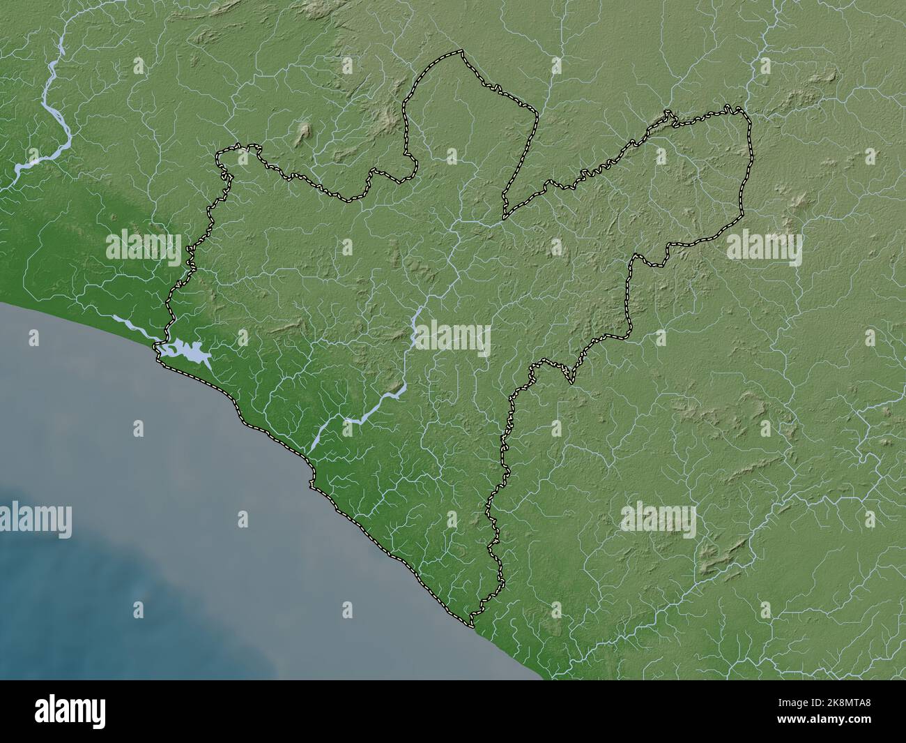Grand Bassa, county of Liberia. Elevation map colored in wiki style with lakes and rivers Stock Photo