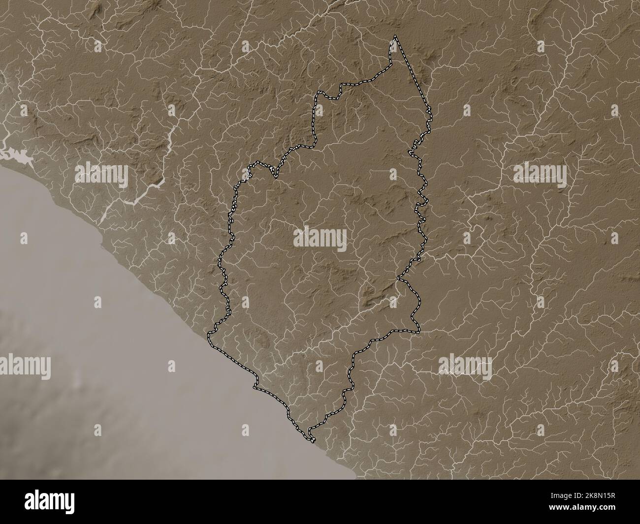 River Cess, county of Liberia. Elevation map colored in sepia tones
